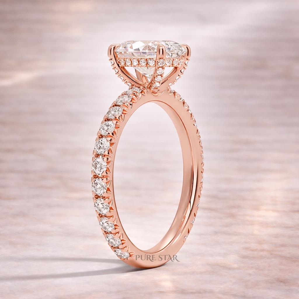 Oval Hidden Halo Lab Grown Diamond Ring | Three Quarter Eternity Band in Solid Gold | Anniversary Wedding Ring for Women