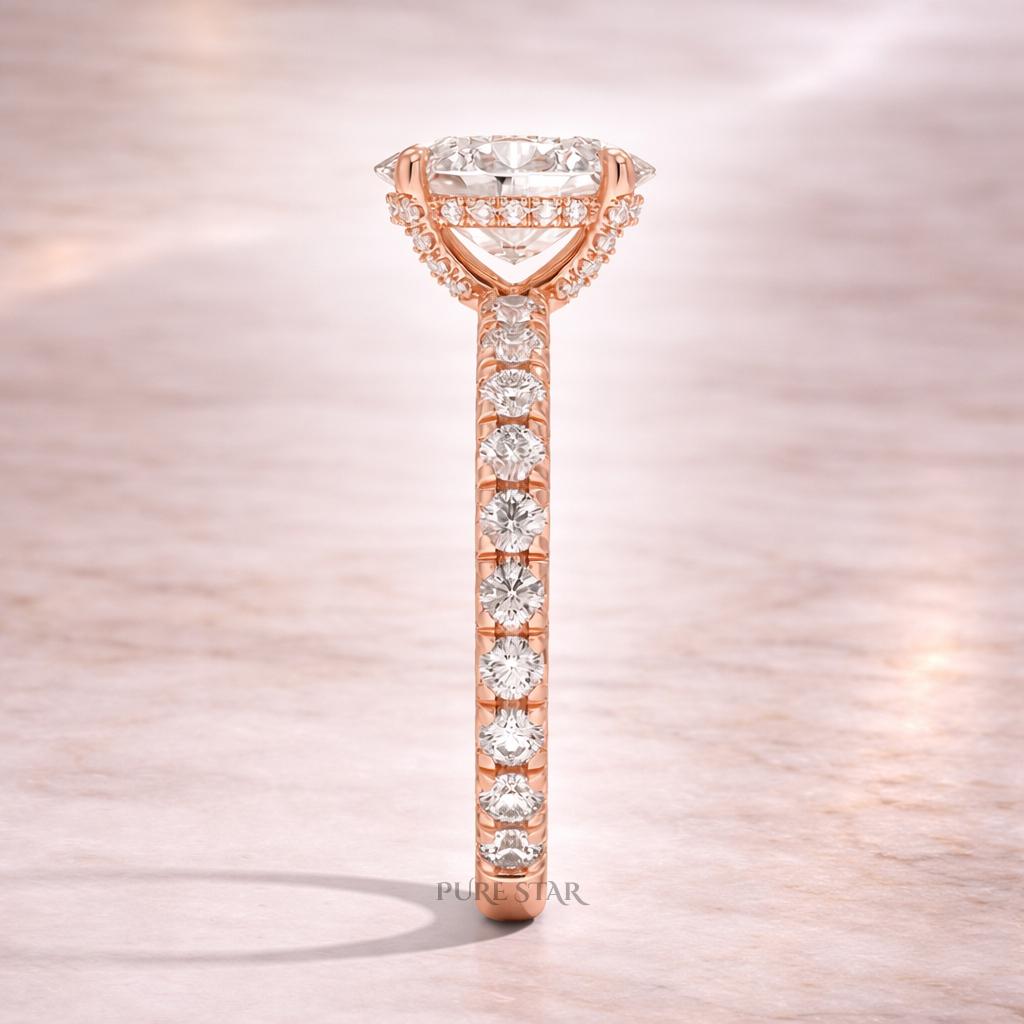 Oval Hidden Halo Lab Grown Diamond Ring | Three Quarter Eternity Band in Solid Gold | Anniversary Wedding Ring for Women