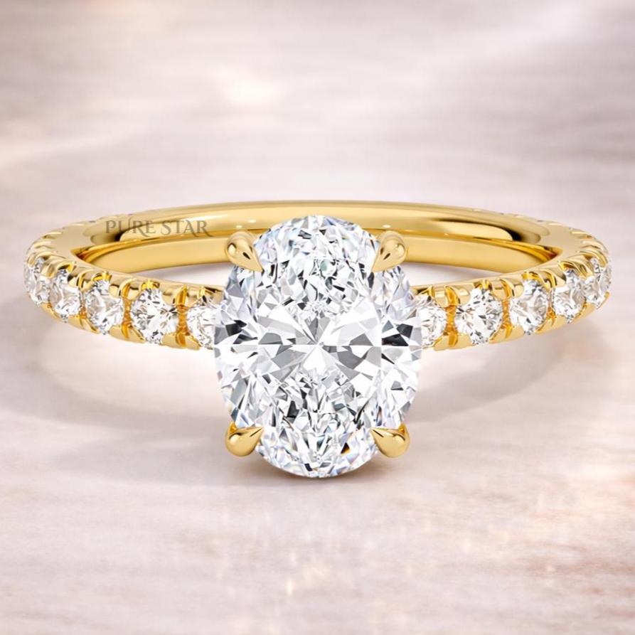 Oval Hidden Halo Lab Grown Diamond Ring | Three Quarter Eternity Band in Solid Gold | Anniversary Wedding Ring for Women