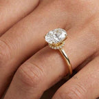 Oval Lab Grown Diamond Ring Hidden Halo, Oval Engagement Ring Gold, Secret Halo Solitaire, Luxury Proposal Ring for Women