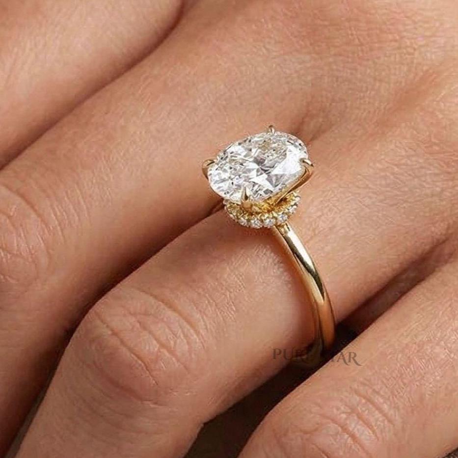 Oval Lab Grown Diamond Ring Hidden Halo, Oval Engagement Ring Gold, Secret Halo Solitaire, Luxury Proposal Ring for Women