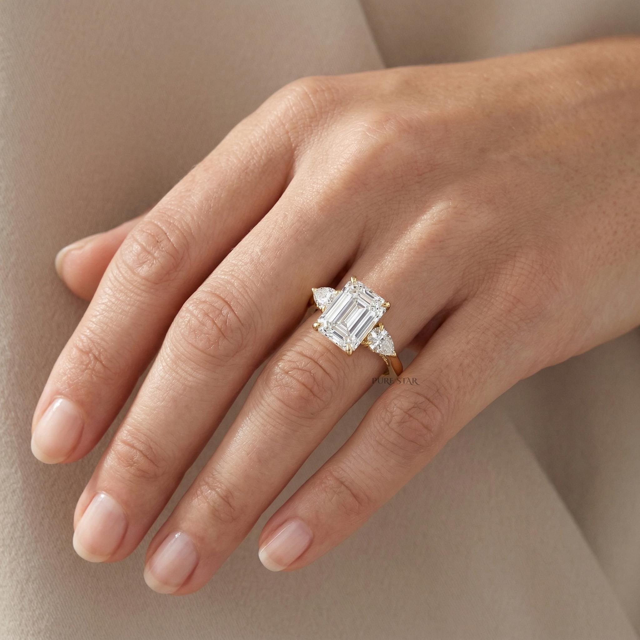 Emerald Cut Diamond Ring Three Stone Hidden Halo Engagement Ring Pear Side Lab Grown Diamond Luxury Ethical Jewelry Gift for Women