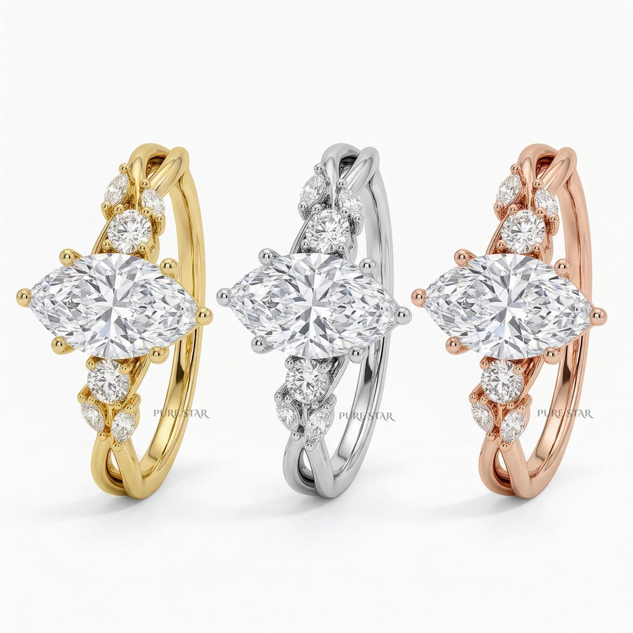 Marquise Diamond Ring Three Stone Engagement Ring for Women Dainty Trilogy Lab Grown Diamond Luxury Ethical Jewelry Gift