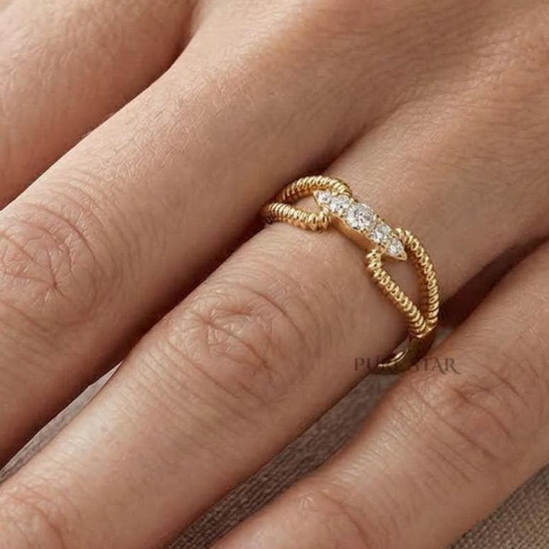 Round Lab Grown Diamond Ring, Double Rope Band Gold Ring, Unique Luxury Diamond Statement Ring for Women, Modern Engagement Ring