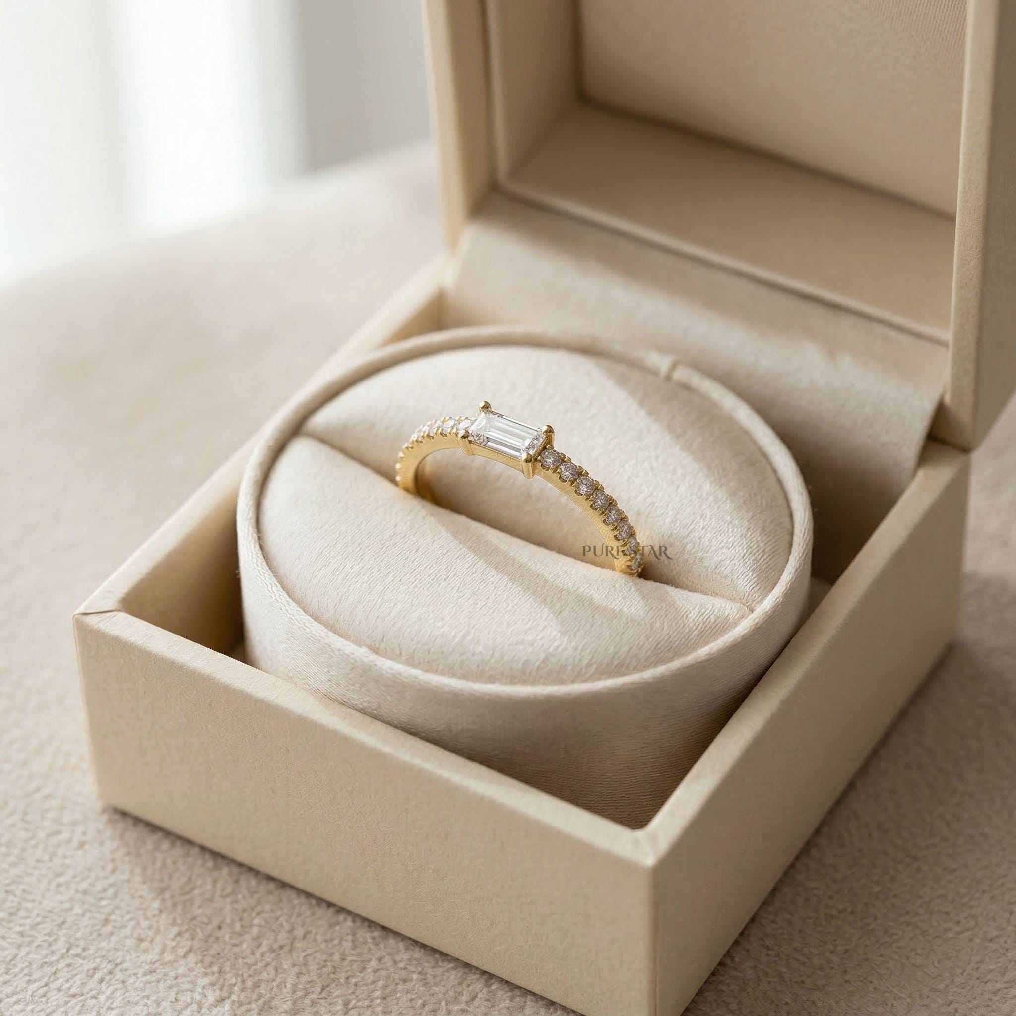 Baguette Diamond Ring Stackable Pave Band | Dainty Baguette Diamond Stacking Ring | Minimalist Gold Wedding Band | Unique Engagement Ring