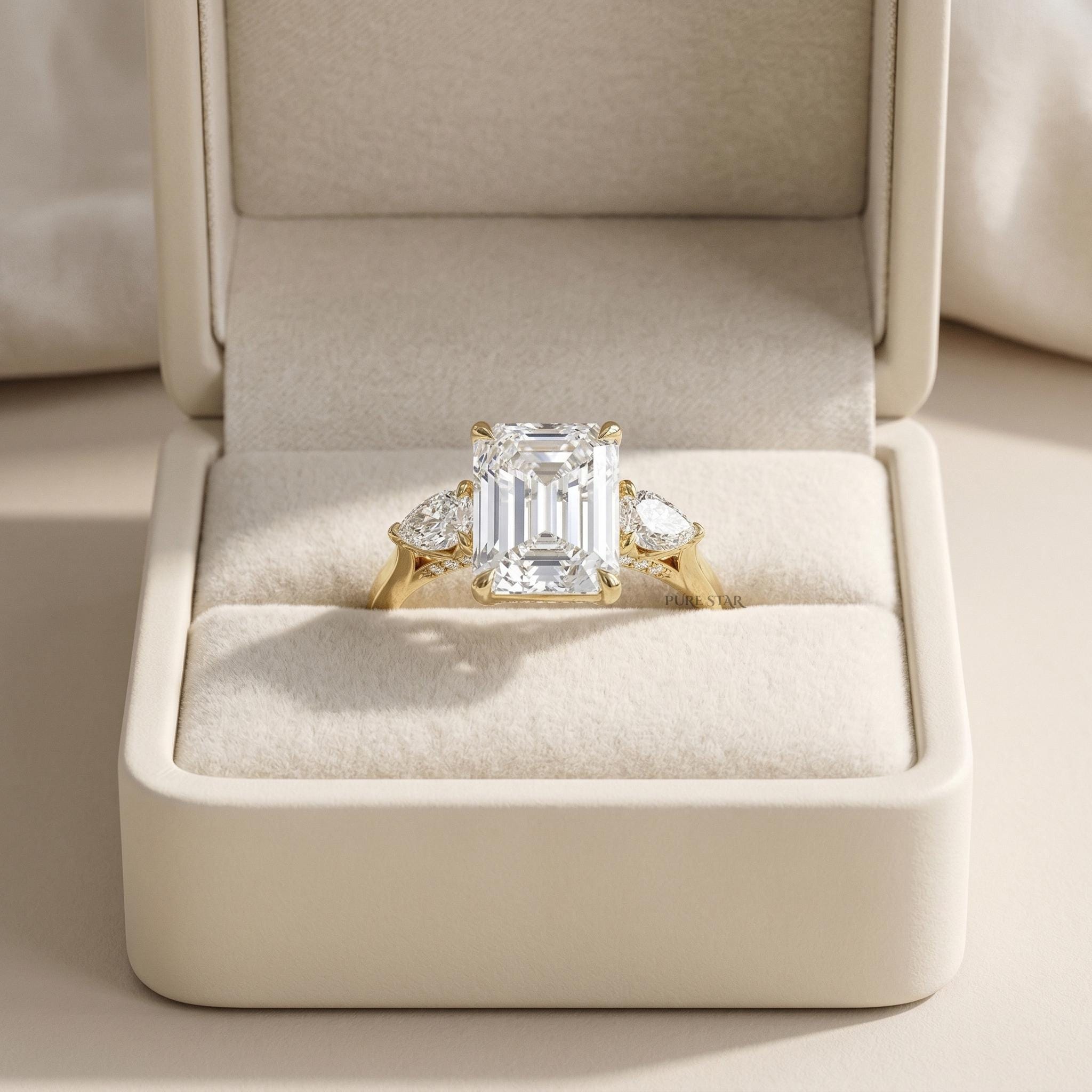Emerald Cut Diamond Ring Three Stone Hidden Halo Engagement Ring Pear Side Lab Grown Diamond Luxury Ethical Jewelry Gift for Women