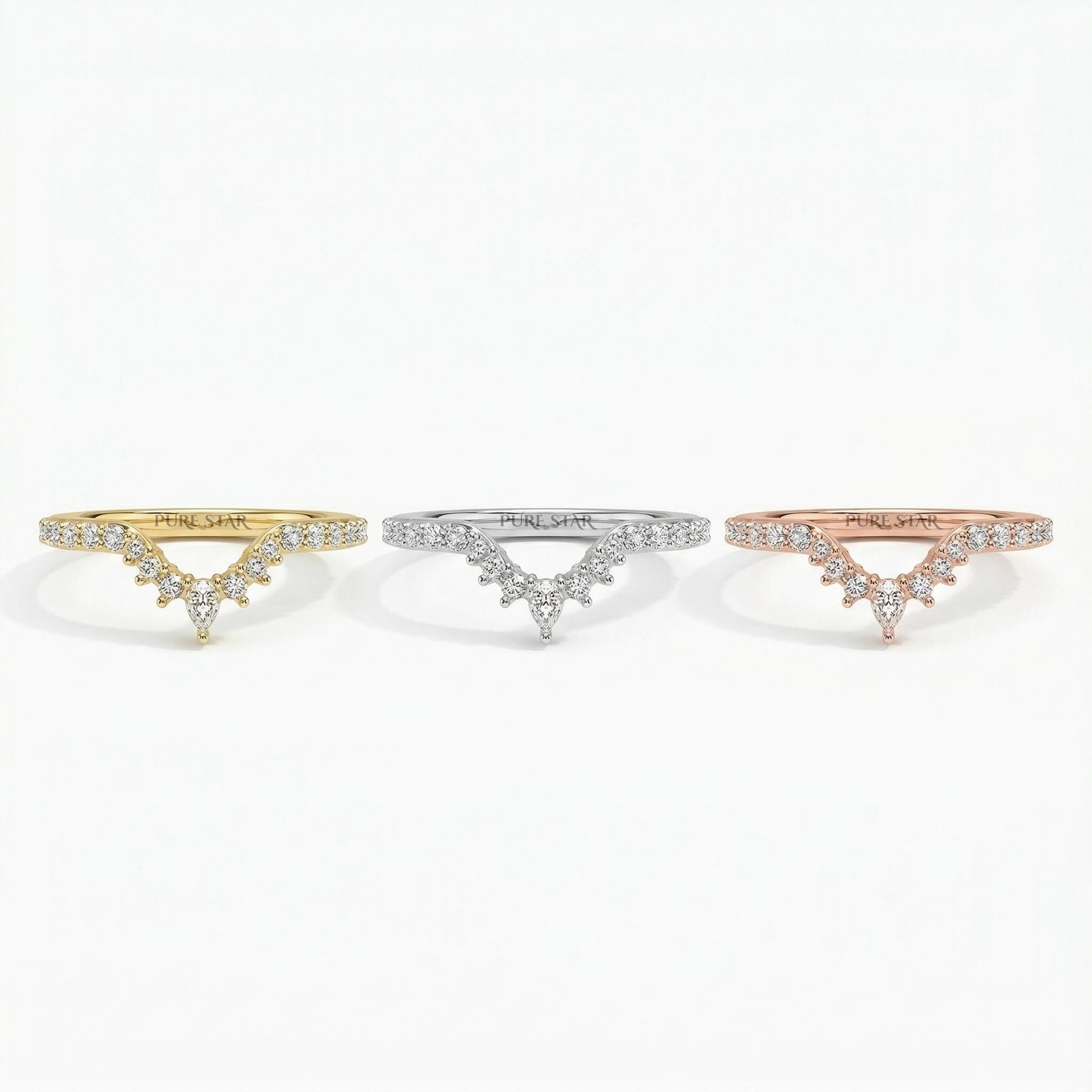 V Shaped Chevron Diamond Band Lab Diamond Wedding Ring Curved Stackable Ring Pear Round Dainty Anniversary Gift for Her