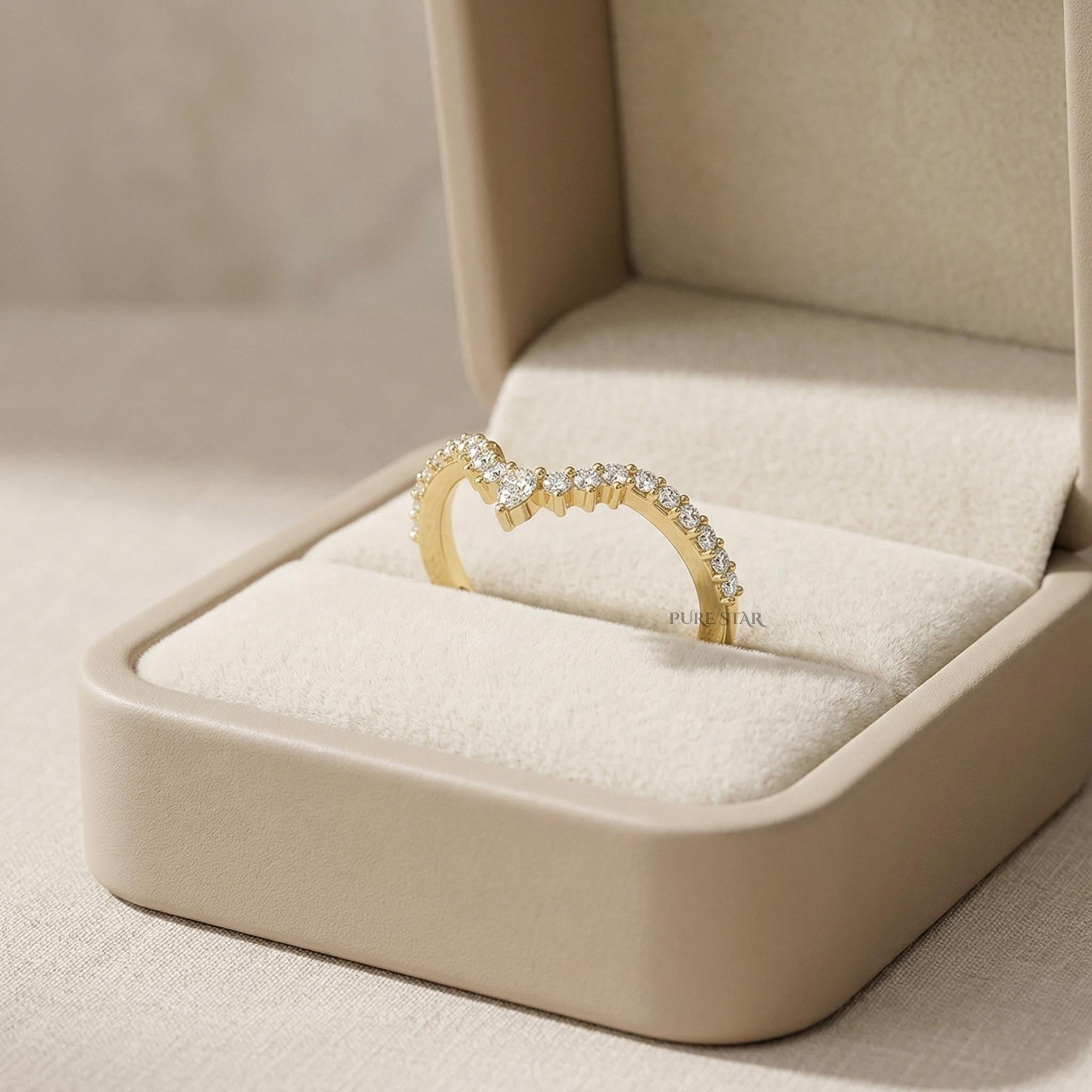 V Shaped Chevron Diamond Band Lab Diamond Wedding Ring Curved Stackable Ring Pear Round Dainty Anniversary Gift for Her