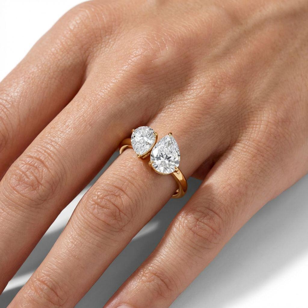 14K Yellow Gold Toi-et-Moi Pear Cut Lab-Grown Diamond Lab Grown Diamond Ring IGI Certified Solitaire Engagement or Anniversary Gift for Her