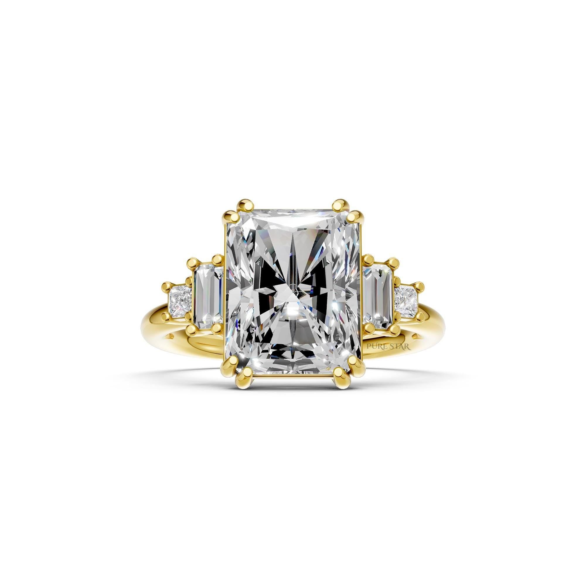 5 CT Five Stone Radiant Cut Lab Grown Diamond Engagement Ring, Baguette & Princess Cut Side Stones, Anniversary Ring, 14K Wedding Gift