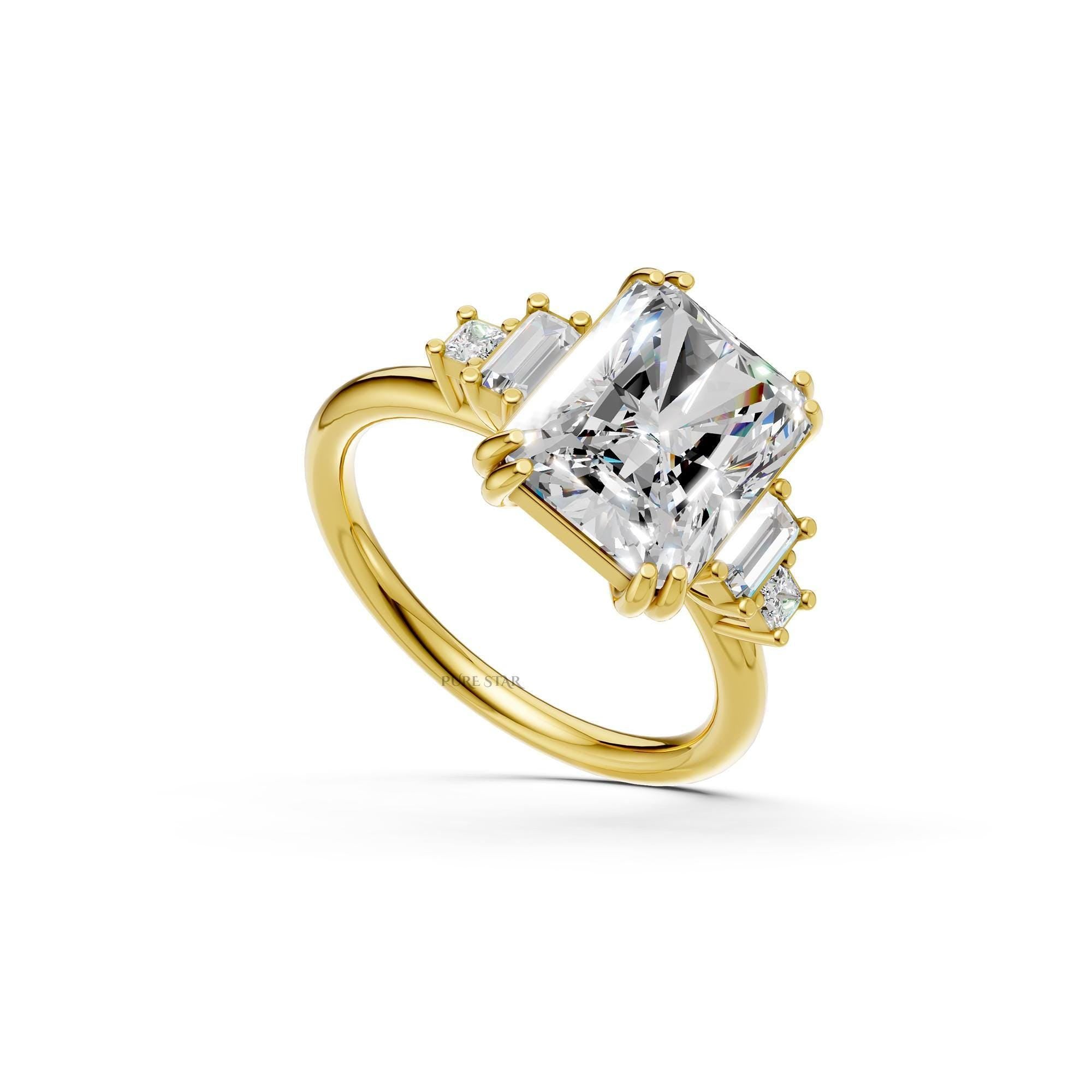 5 CT Five Stone Radiant Cut Lab Grown Diamond Engagement Ring, Baguette & Princess Cut Side Stones, Anniversary Ring, 14K Wedding Gift