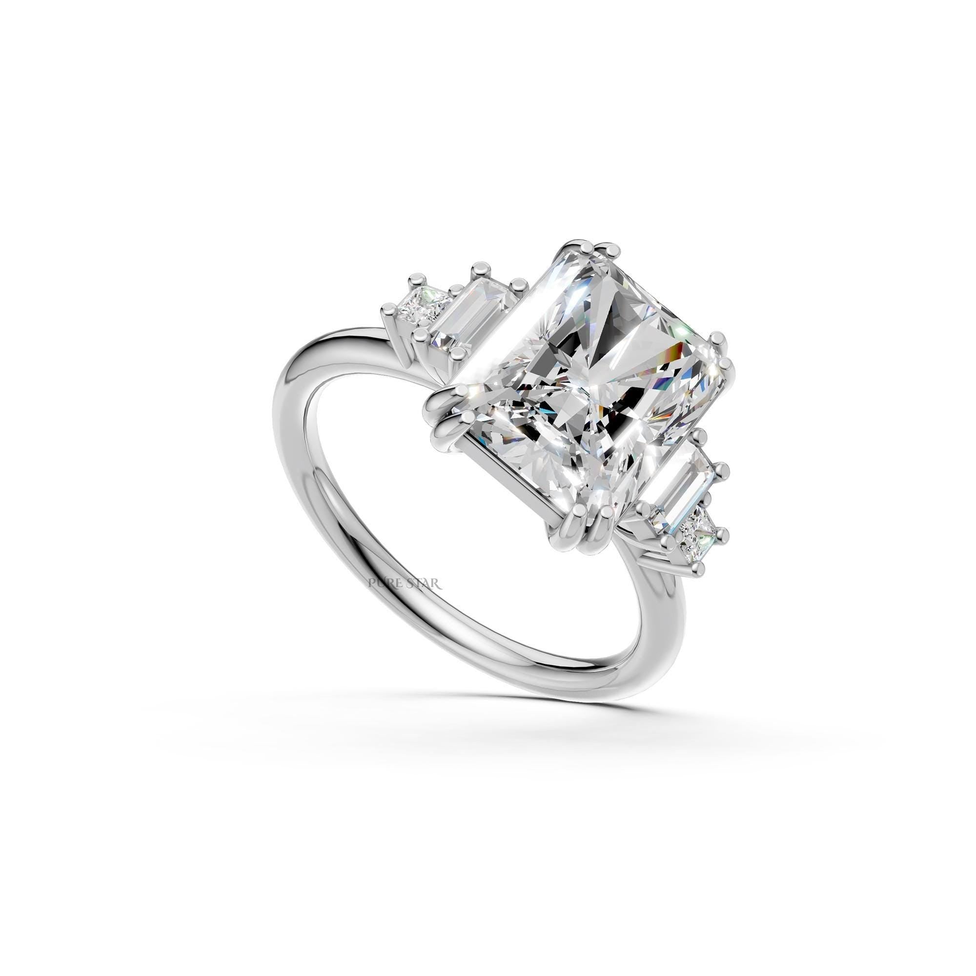 5 CT Five Stone Radiant Cut Lab Grown Diamond Engagement Ring, Baguette & Princess Cut Side Stones, Anniversary Ring, 14K Wedding Gift