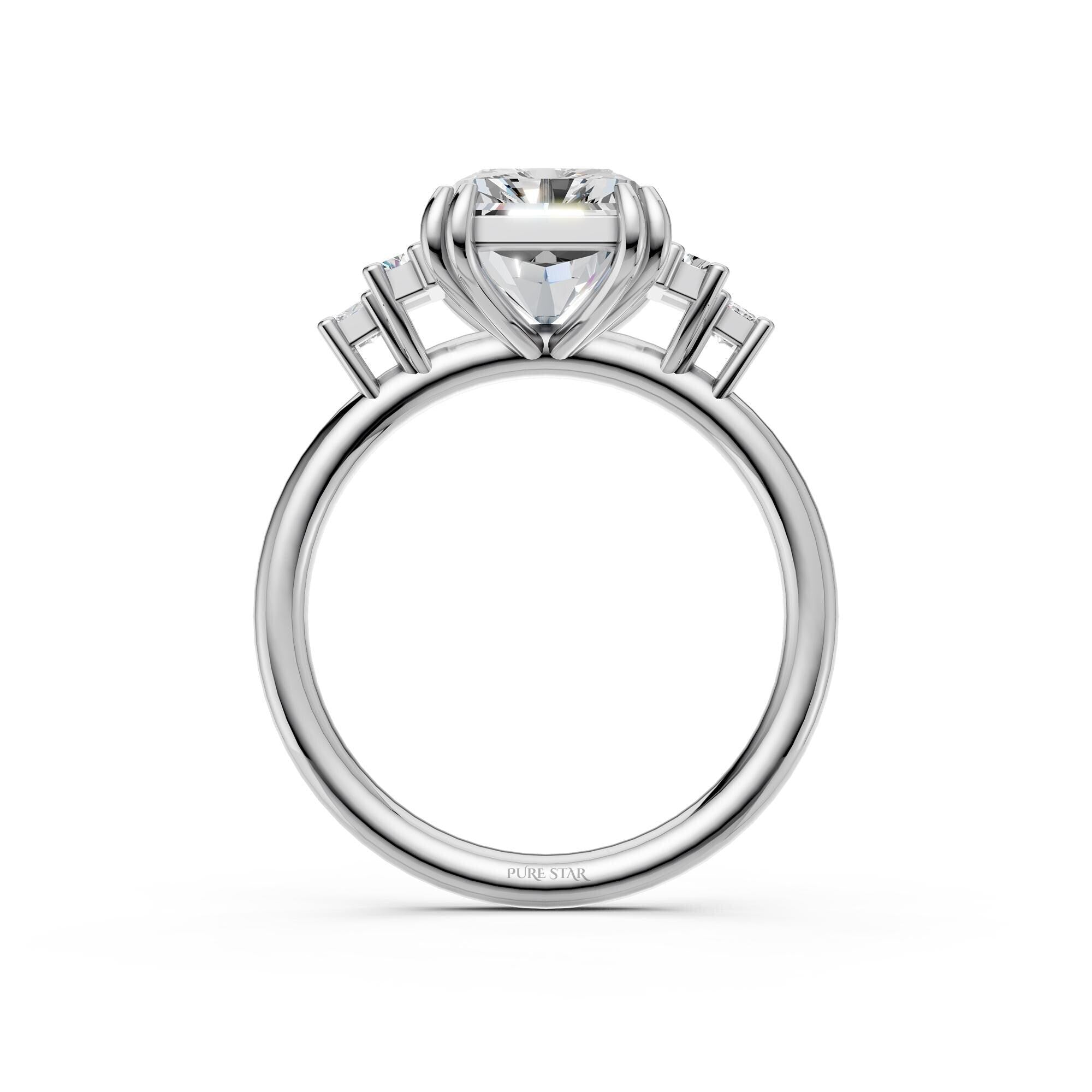 5 CT Five Stone Radiant Cut Lab Grown Diamond Engagement Ring, Baguette & Princess Cut Side Stones, Anniversary Ring, 14K Wedding Gift
