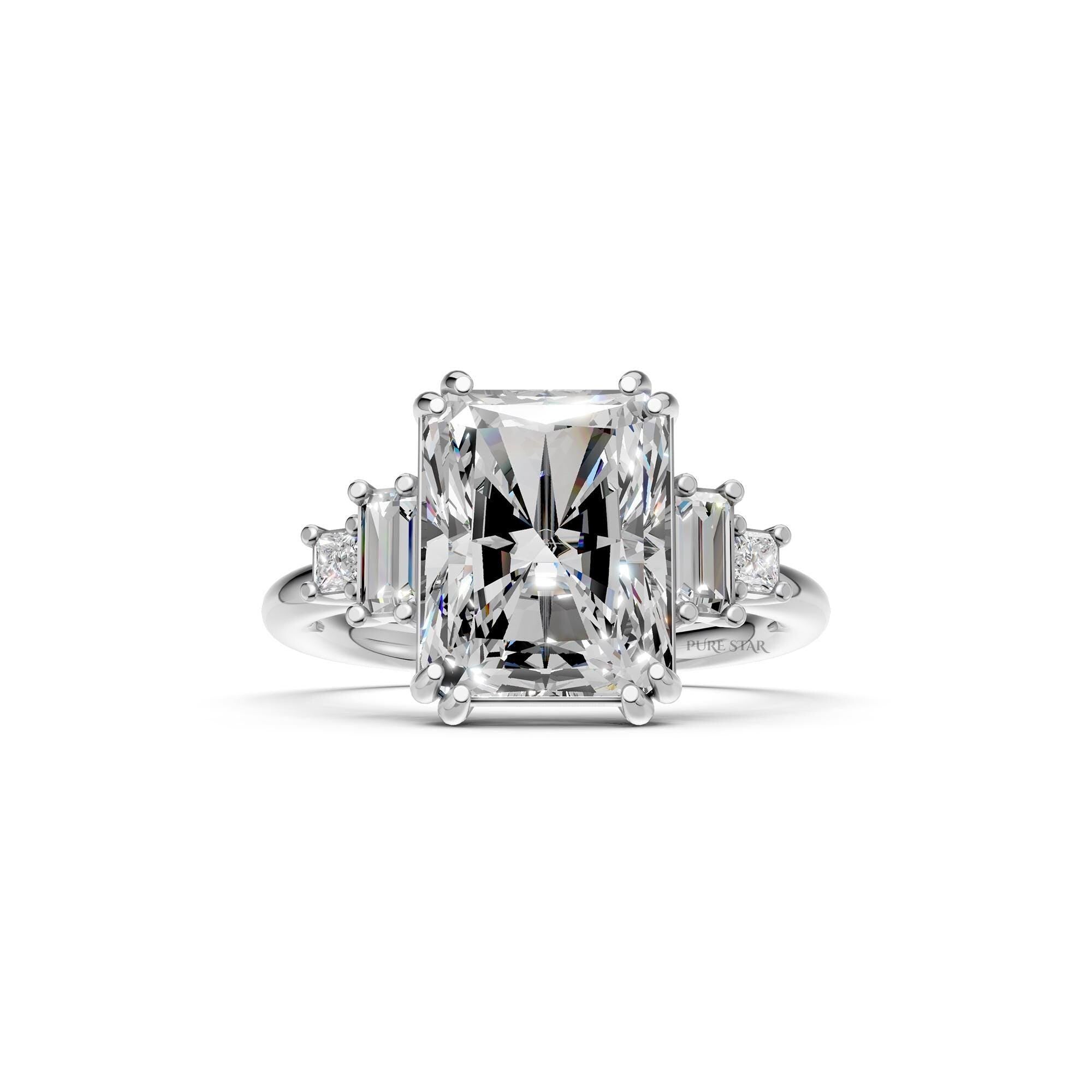 5 CT Five Stone Radiant Cut Lab Grown Diamond Engagement Ring, Baguette & Princess Cut Side Stones, Anniversary Ring, 14K Wedding Gift