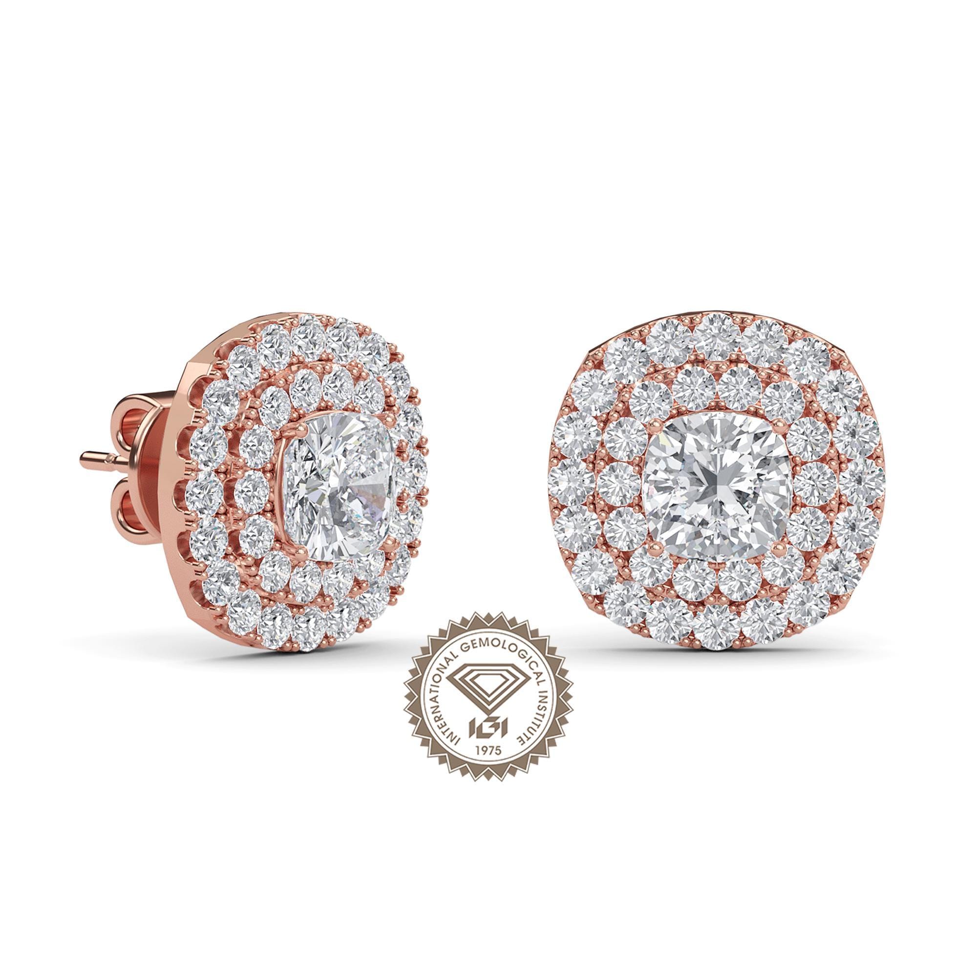 Cushion Cut Lab Grown Diamond Stud Double Halo Earrings, Anniversary Gift For Her, 14K Gold Double Halo Ring, Wedding Earrings For Her
