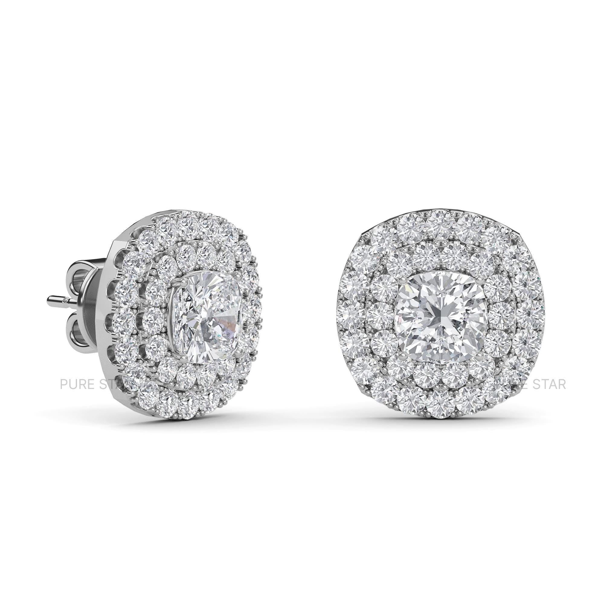 Cushion Cut Lab Grown Diamond Stud Double Halo Earrings, Anniversary Gift For Her, 14K Gold Double Halo Ring, Wedding Earrings For Her