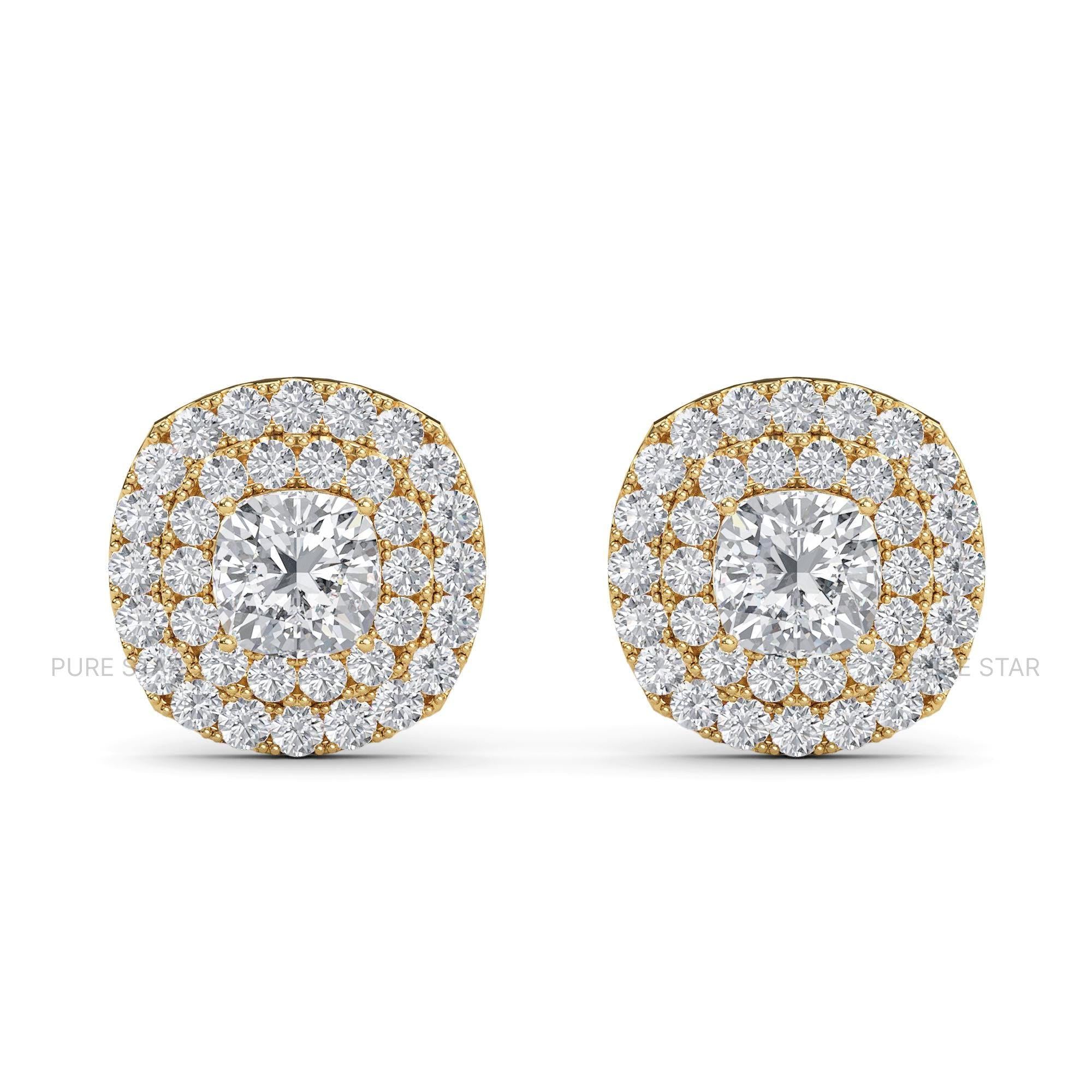 Cushion Cut Lab Grown Diamond Stud Double Halo Earrings, Anniversary Gift For Her, 14K Gold Double Halo Ring, Wedding Earrings For Her