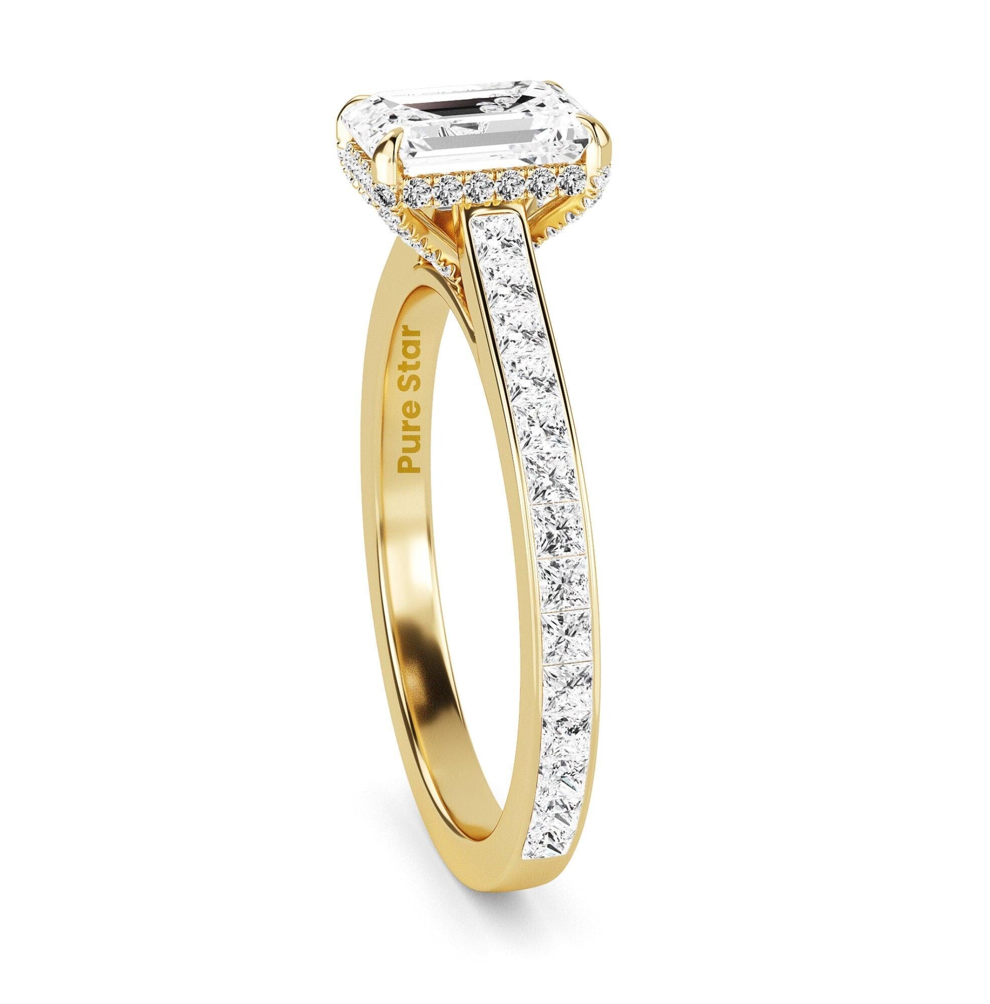 0.50 TO 2.00 Ct Emerald Cut Lab Grown Diamond Engagement Ring Vintage White Gold Hidden Halo Diamond Wedding Ring IGI Certified Diamond Ring