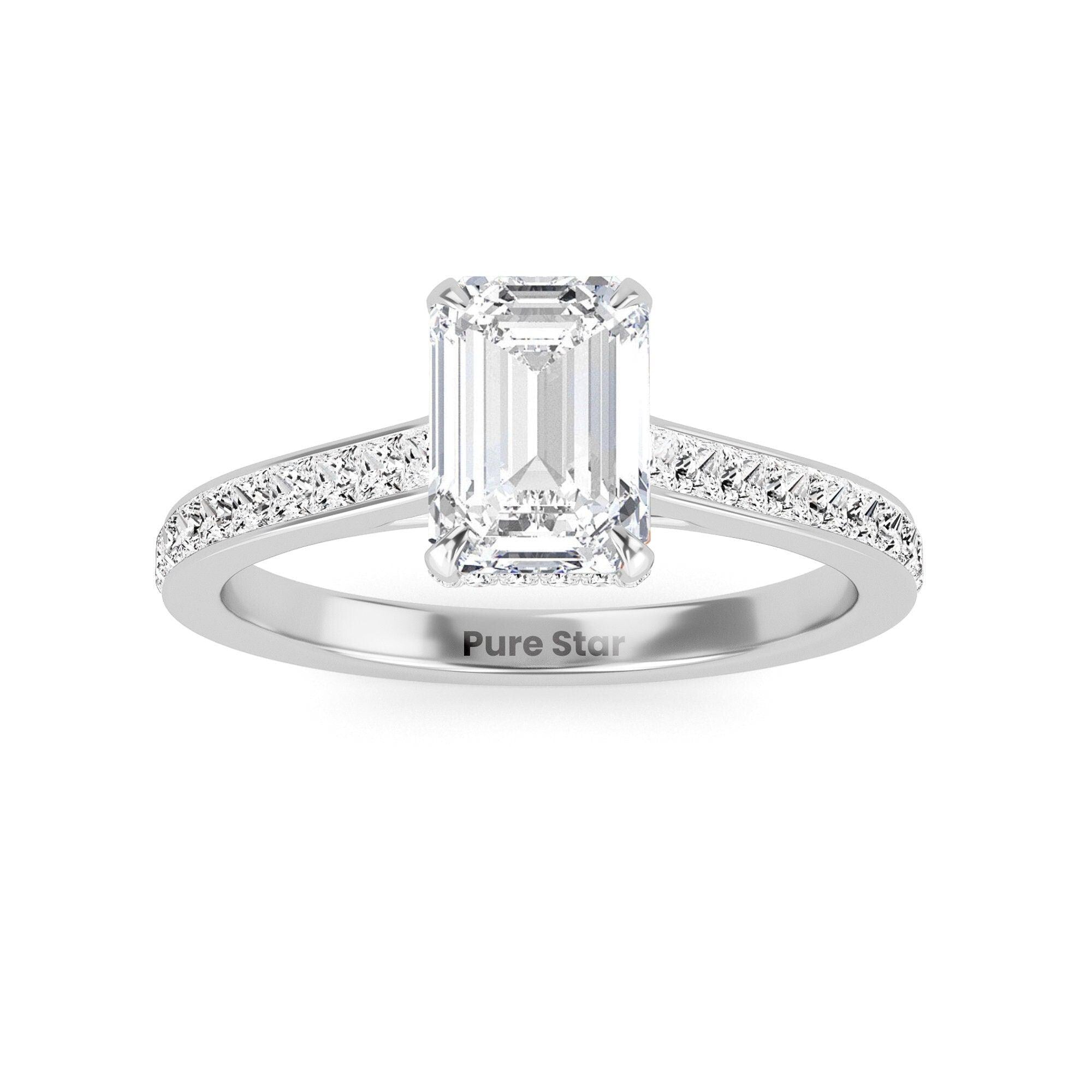 0.50 TO 2.00 Ct Emerald Cut Lab Grown Diamond Engagement Ring Vintage White Gold Hidden Halo Diamond Wedding Ring IGI Certified Diamond Ring