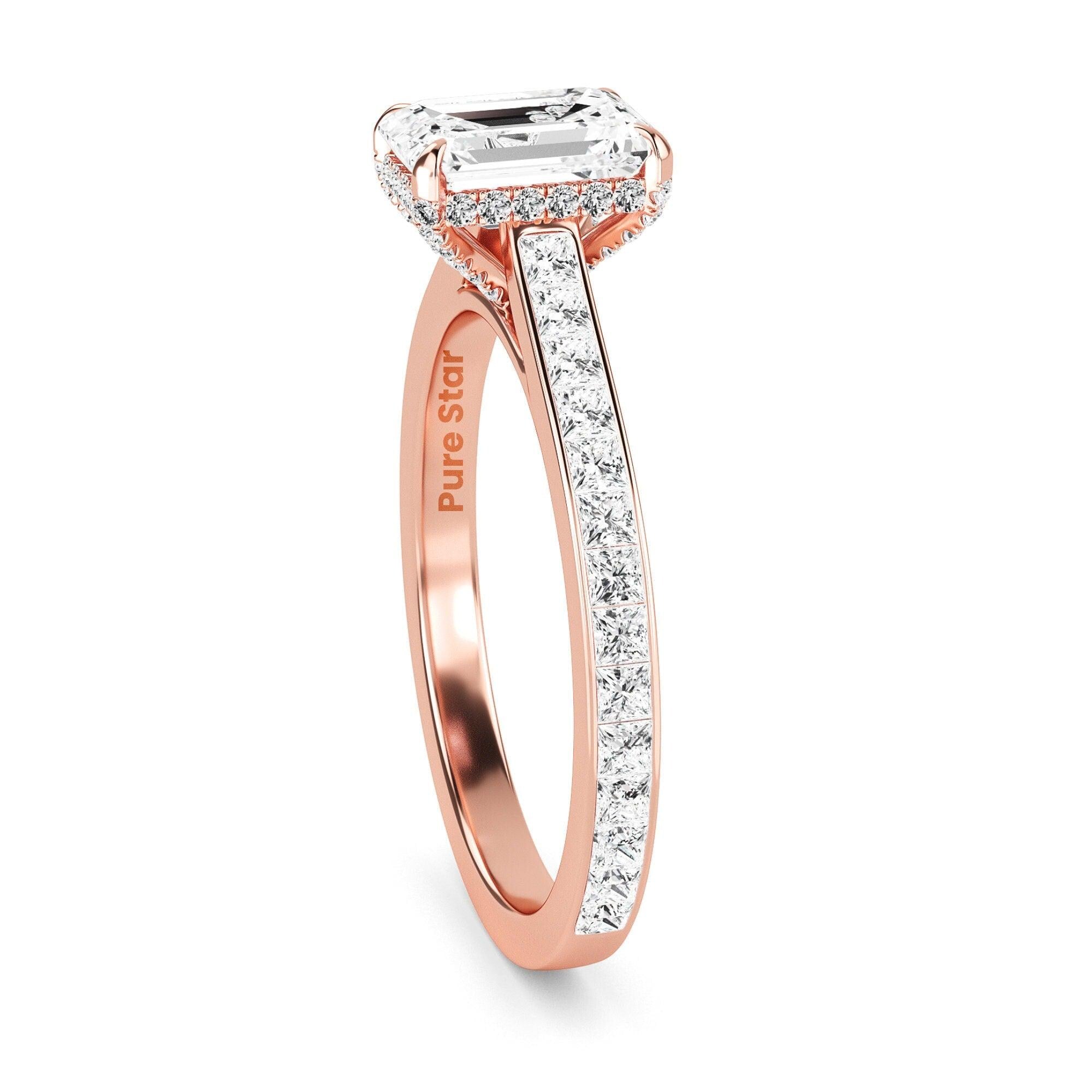 0.50 TO 2.00 Ct Emerald Cut Lab Grown Diamond Engagement Ring Vintage White Gold Hidden Halo Diamond Wedding Ring IGI Certified Diamond Ring