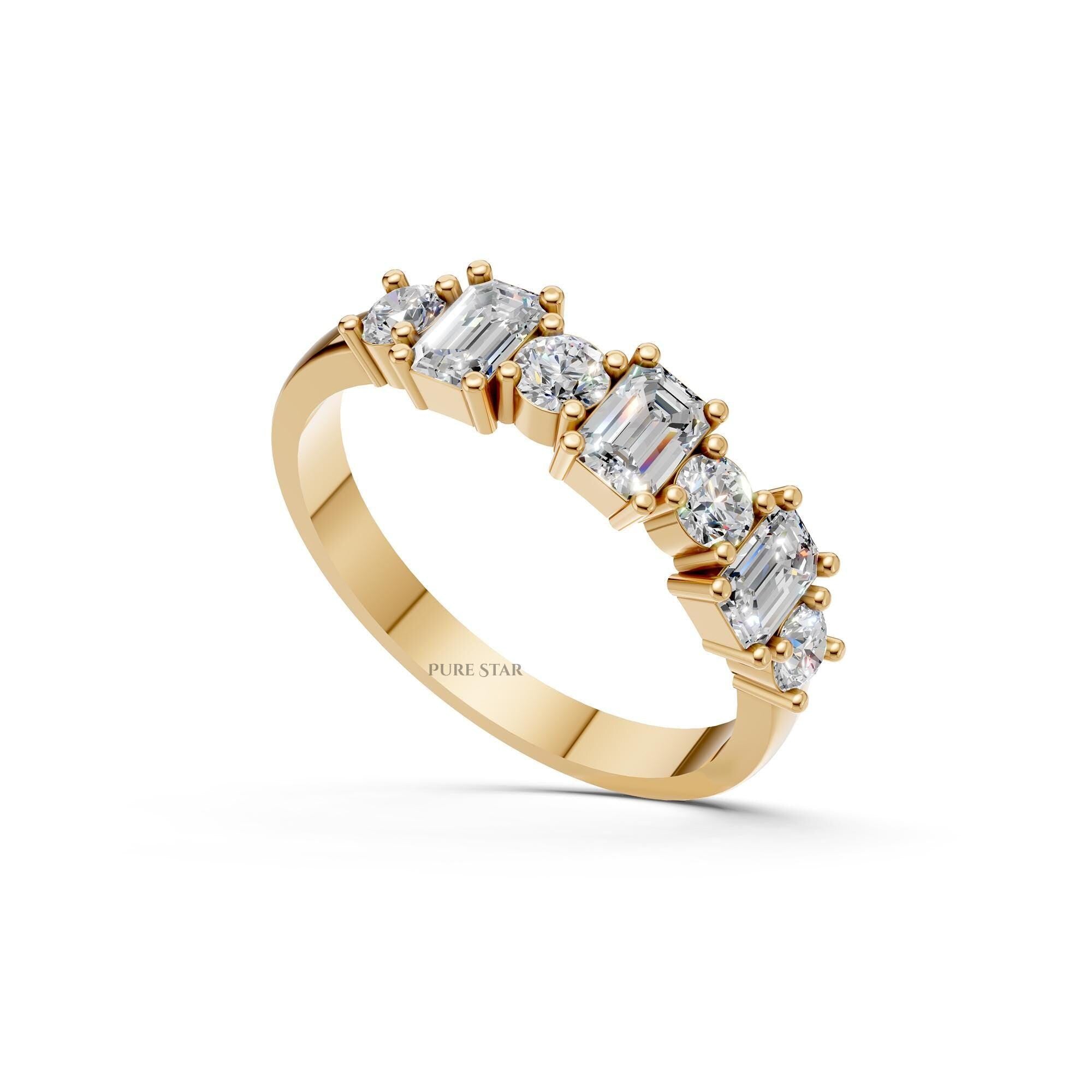 Emerald and Round Diamond Half Eternity Band Minimalist Lab Diamond Wedding Ring Stackable Gold Band Genuine Diamond Ring for Her