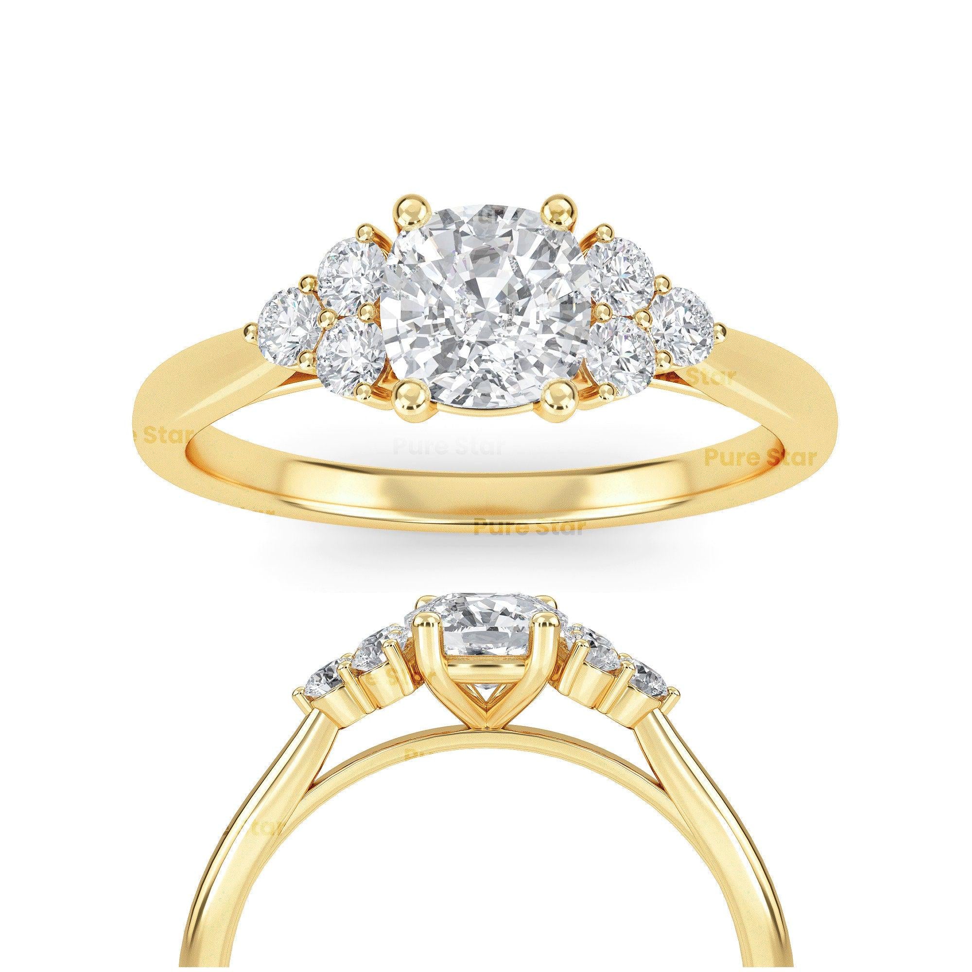 IGI Certified Cushion Cut Lab Grown Diamond Ring 14K White Gold Engagement Ring Hidden Halo Side Stone Bridal Ring