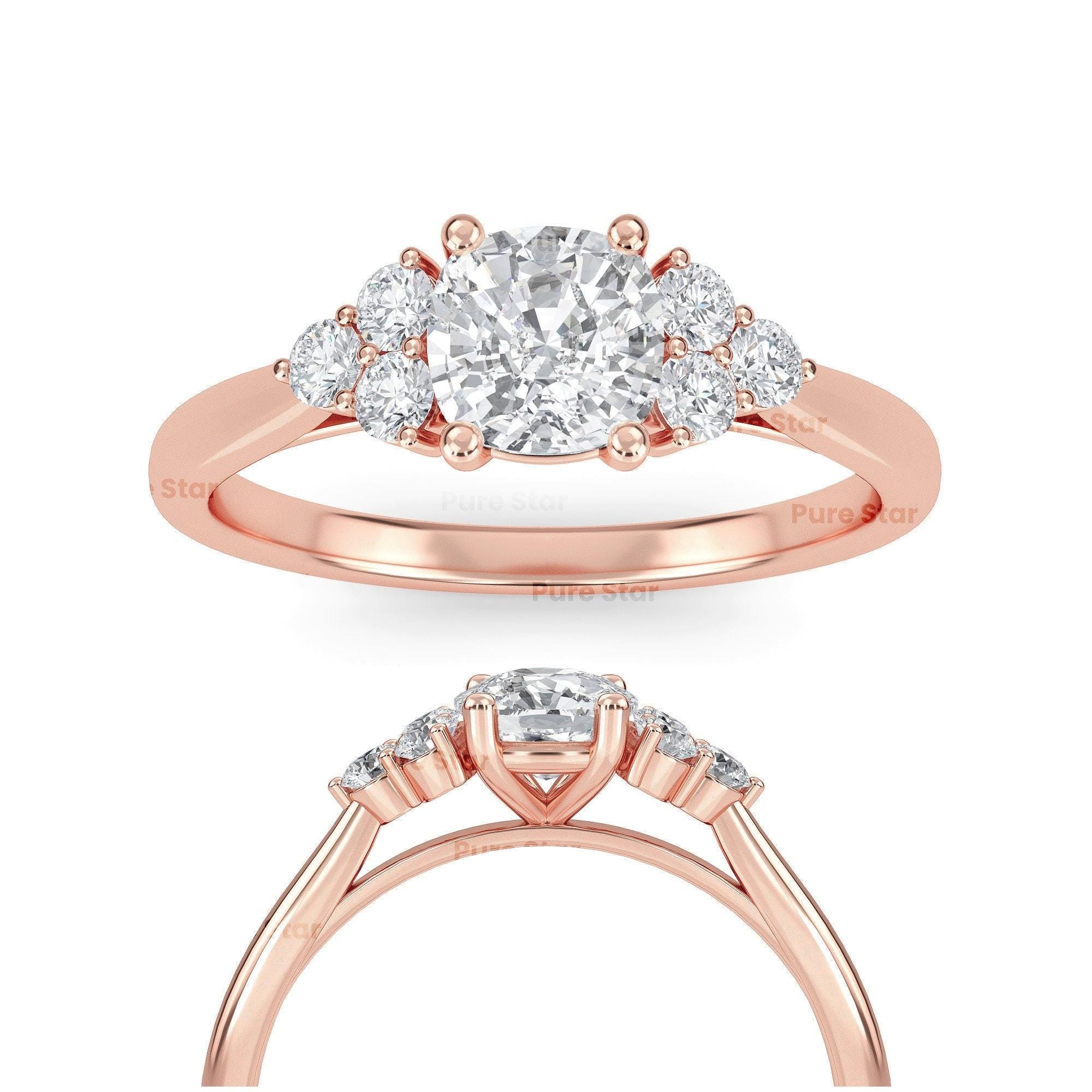IGI Certified Cushion Cut Lab Grown Diamond Ring 14K White Gold Engagement Ring Hidden Halo Side Stone Bridal Ring