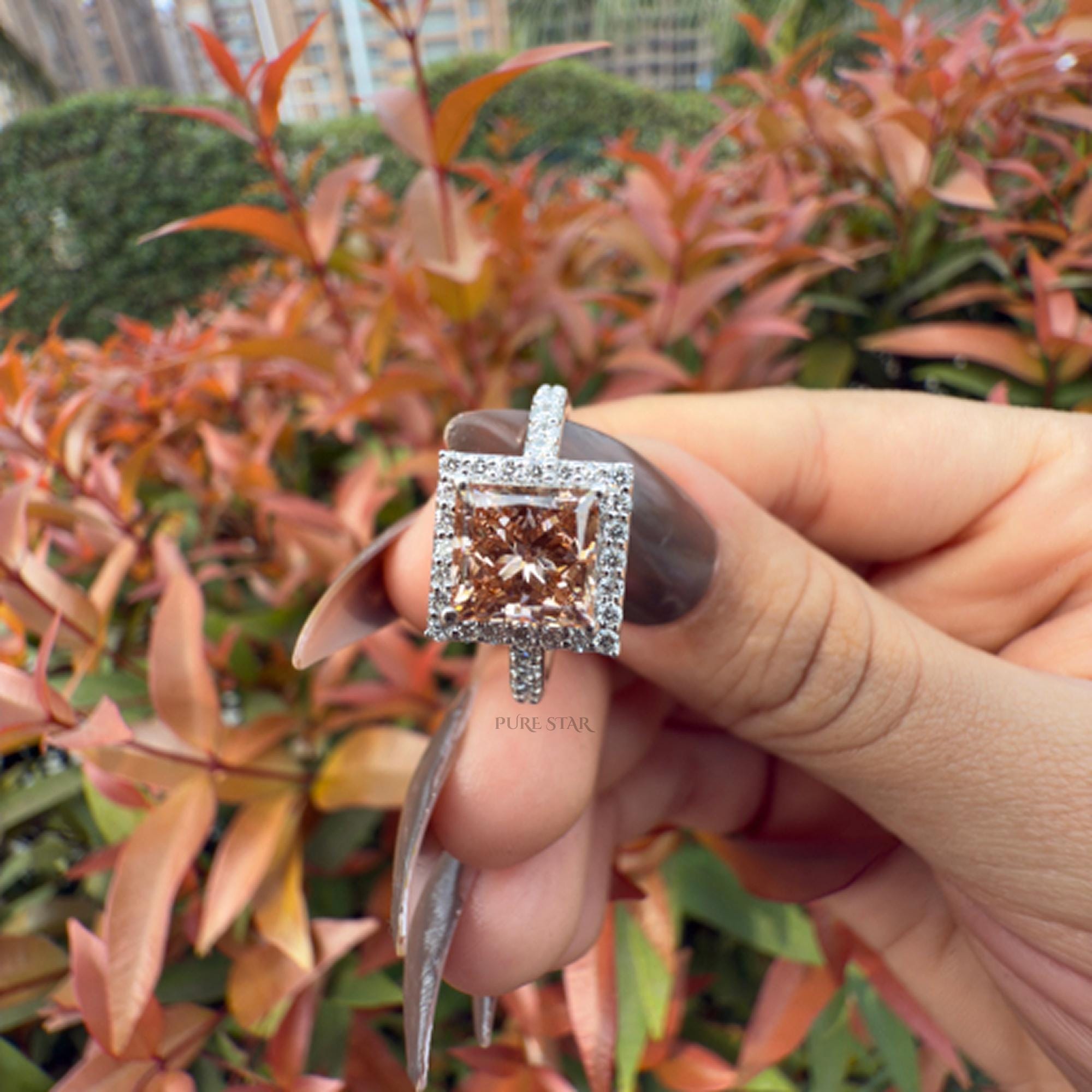 Pink Diamond Engagement Ring Princess Cut Halo Ring Lab Grown Diamond Ring Luxury Bridal Jewelry Gift for Her
