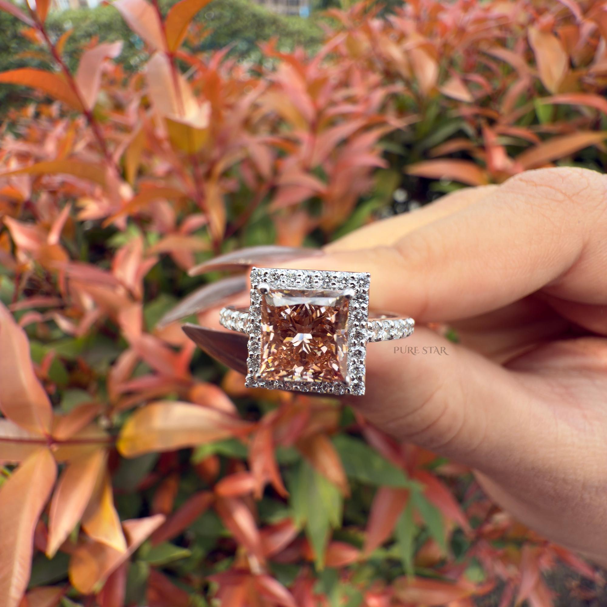 Pink Diamond Engagement Ring Princess Cut Halo Ring Lab Grown Diamond Ring Luxury Bridal Jewelry Gift for Her