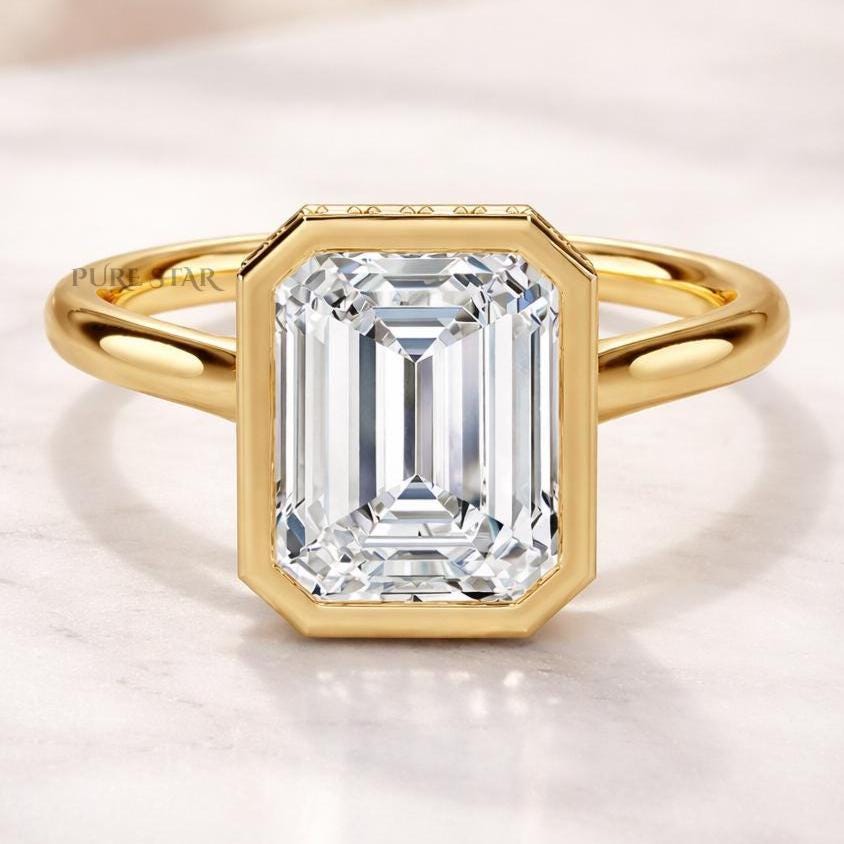 Emerald Bezel Hidden Halo Lab Grown Diamond Ring | Gold Engagement Ring for Women | Emerald Cut Proposal Ring