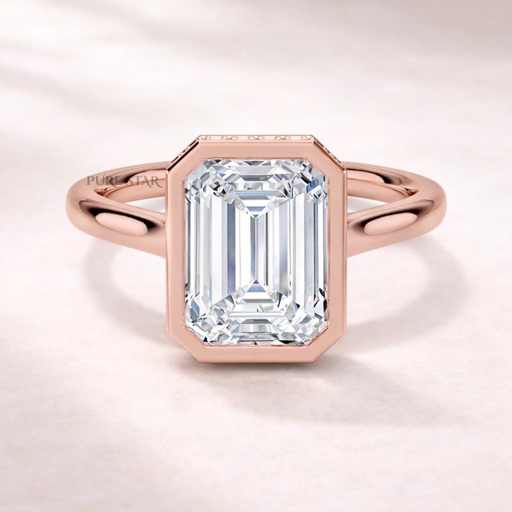 Emerald Bezel Hidden Halo Lab Grown Diamond Ring | Gold Engagement Ring for Women | Emerald Cut Proposal Ring