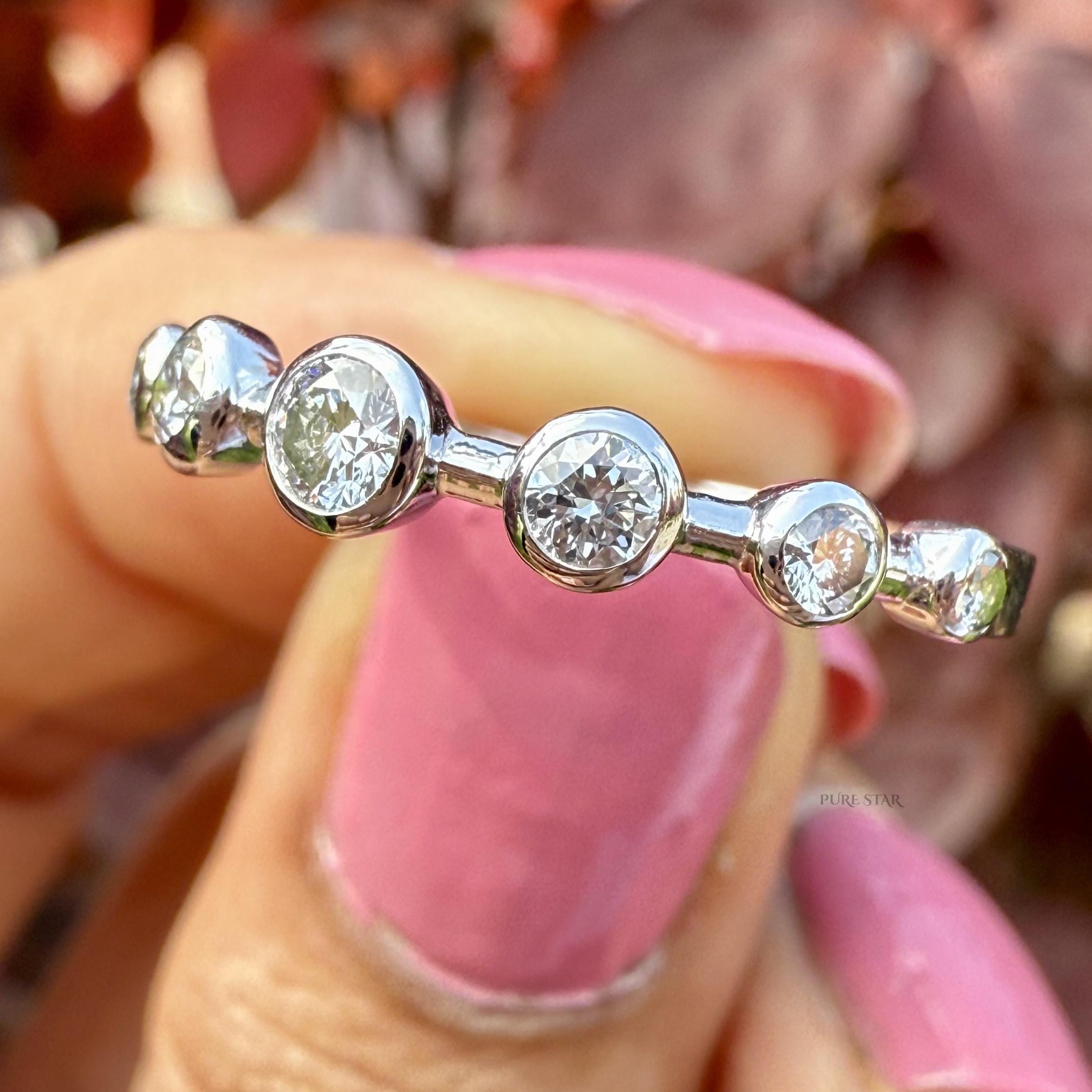 Half Eternity Bezel Set Lab Diamond Wedding Band, 14K Gold Lab Grown Diamond Half Eternity Ring for Women, Round Stackable Band For Her