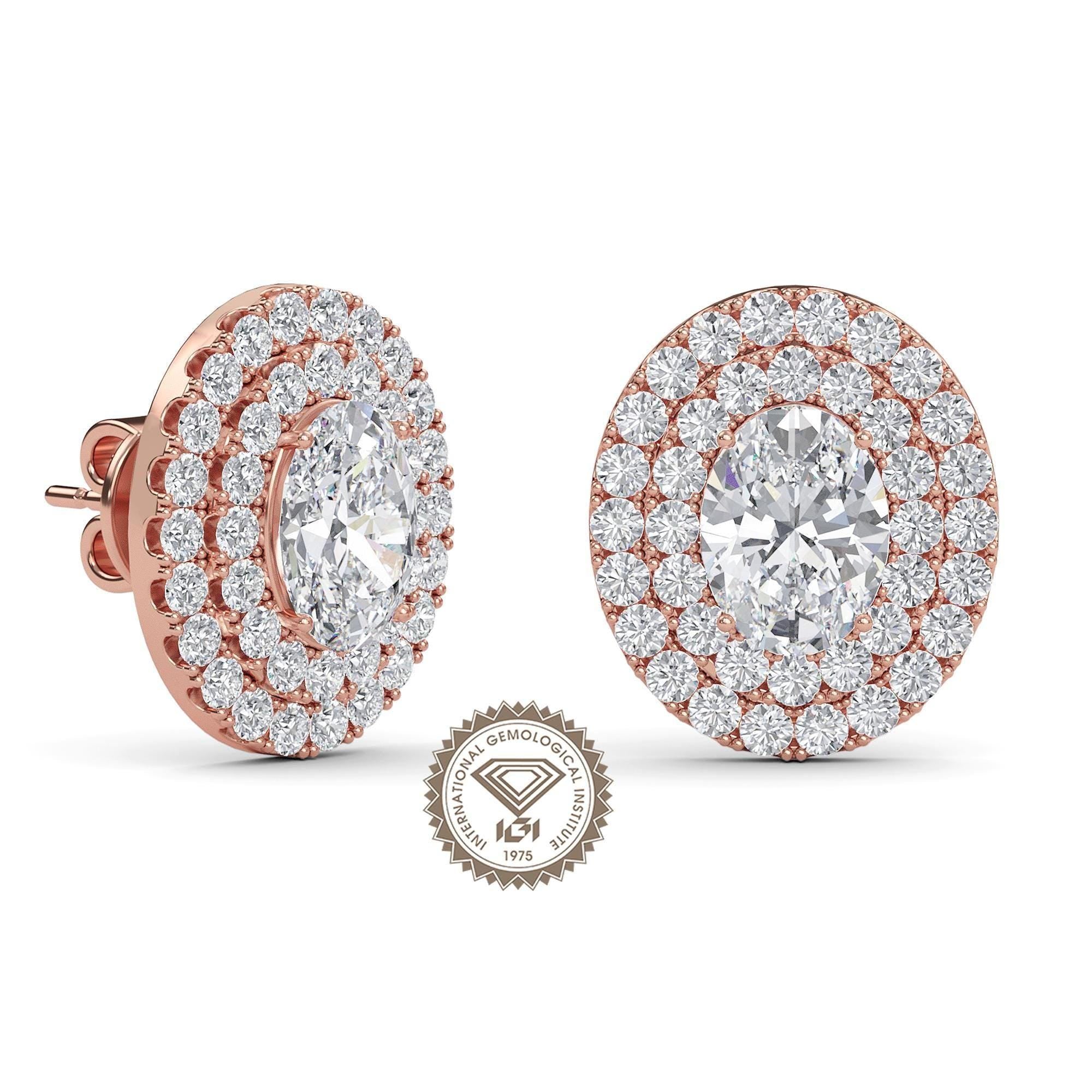 Oval Lab Grown Diamond Earrings, Double Halo Lab Diamond Earrings, Push Back Earrings, Gift for Her, Earrings for Women, Anniversary Gift
