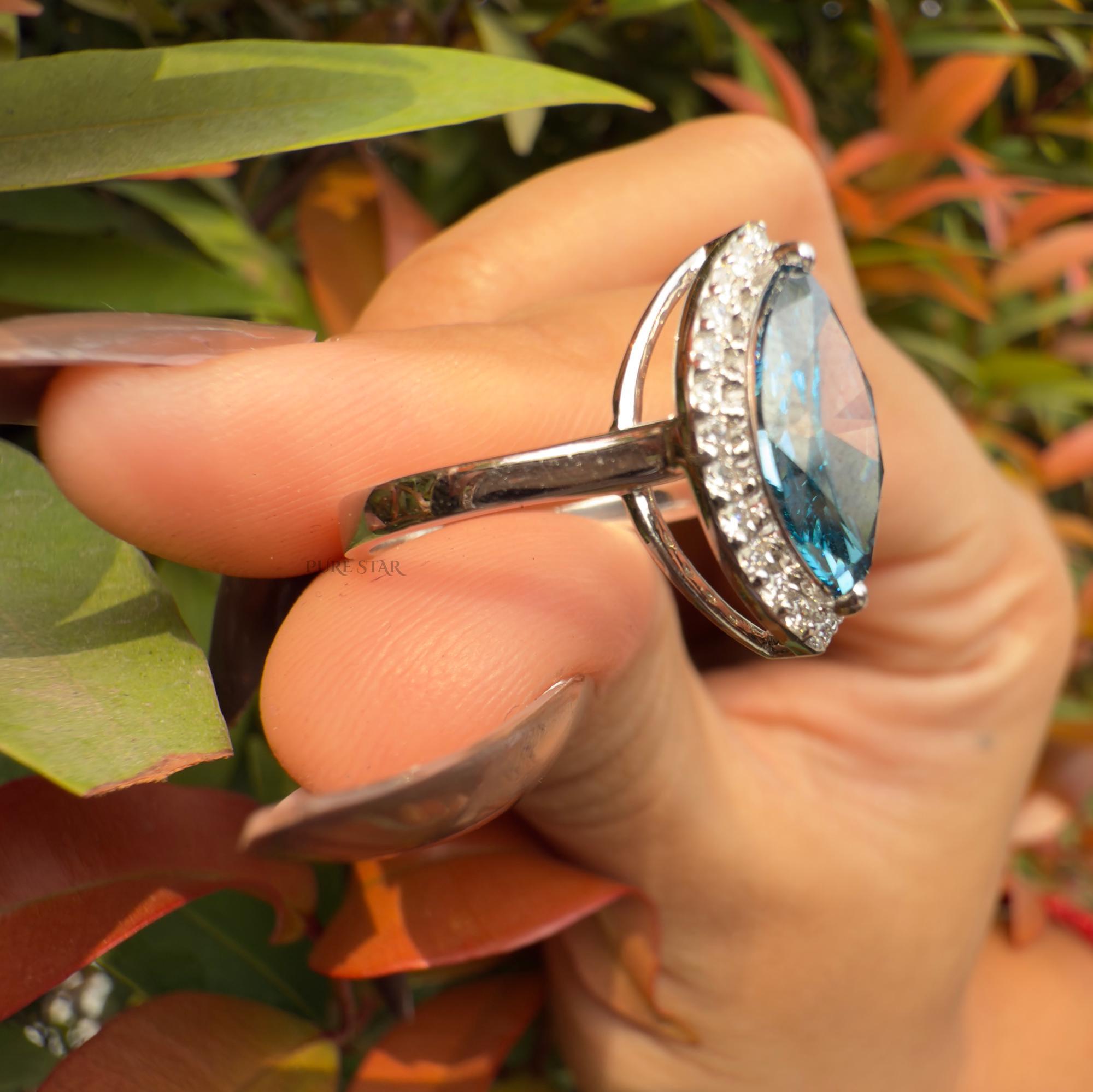 Cyan Blue Diamond Ring, Marquise Halo Engagement Ring, Lab Grown Fancy Intense Blue Diamond Ring, Unique Luxury Bridal Jewelry Gift