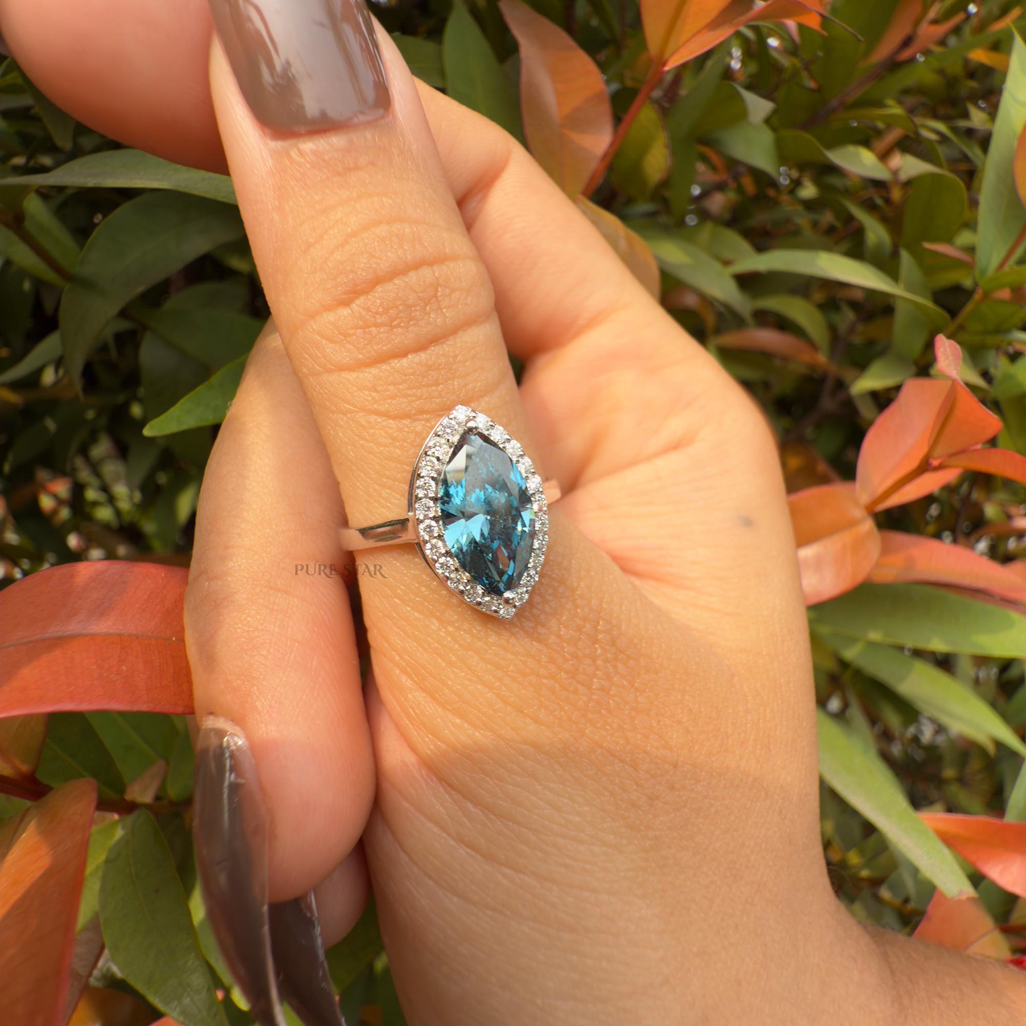 Cyan Blue Diamond Ring, Marquise Halo Engagement Ring, Lab Grown Fancy Intense Blue Diamond Ring, Unique Luxury Bridal Jewelry Gift