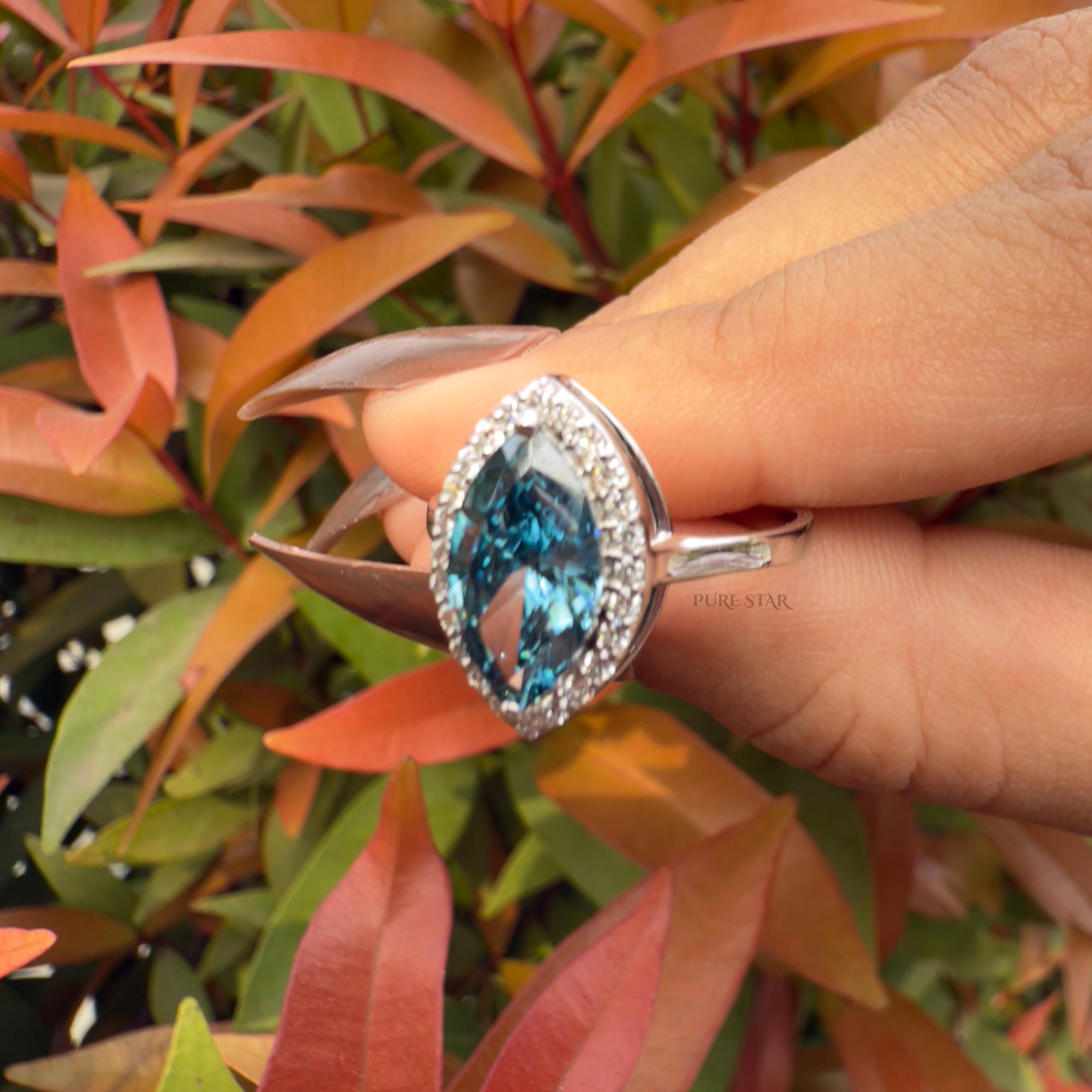 Cyan Blue Diamond Ring, Marquise Halo Engagement Ring, Lab Grown Fancy Intense Blue Diamond Ring, Unique Luxury Bridal Jewelry Gift