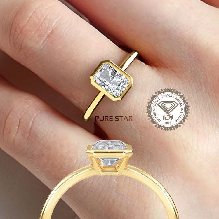 Radiant Cut Lab Grown Diamond Engagement Ring Yellow Gold Bezel Solitaire Radiant Lab Diamond Bezel Set Solitaire Anniversary Gift Ring