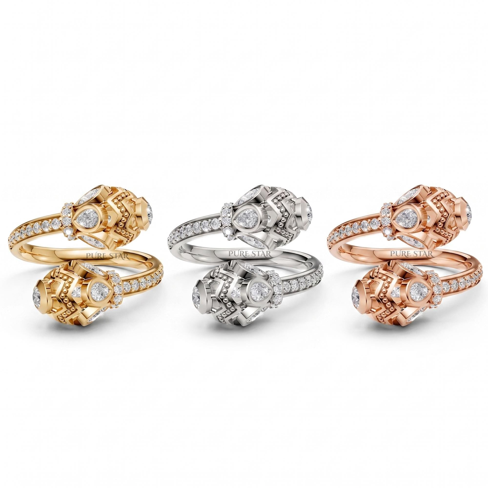Uniquie Pear and Side Round Cut Diamond Stackable Ring, Certified VVSVS Lab Grown Diamond, Solid 14k Yellow Gold Wide ring, Ring for Women