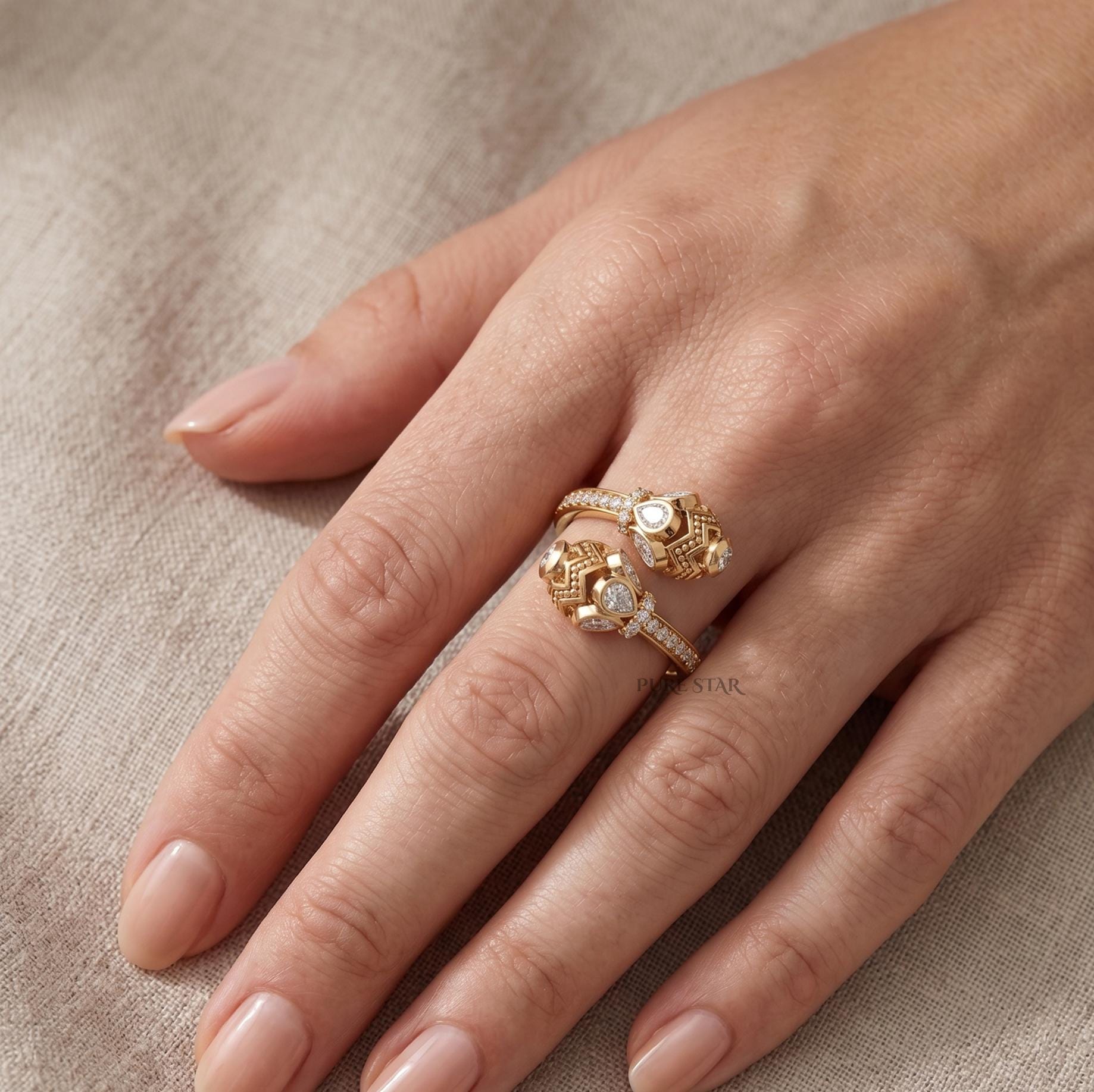 Uniquie Pear and Side Round Cut Diamond Stackable Ring, Certified VVSVS Lab Grown Diamond, Solid 14k Yellow Gold Wide ring, Ring for Women
