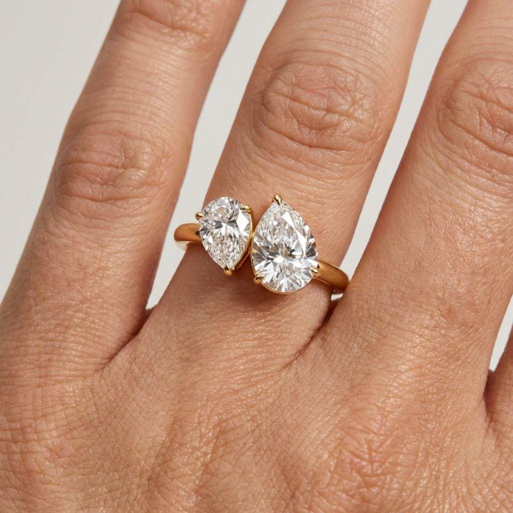14K Yellow Gold Toi-et-Moi Pear Cut Lab-Grown Diamond Lab Grown Diamond Ring IGI Certified Solitaire Engagement or Anniversary Gift for Her