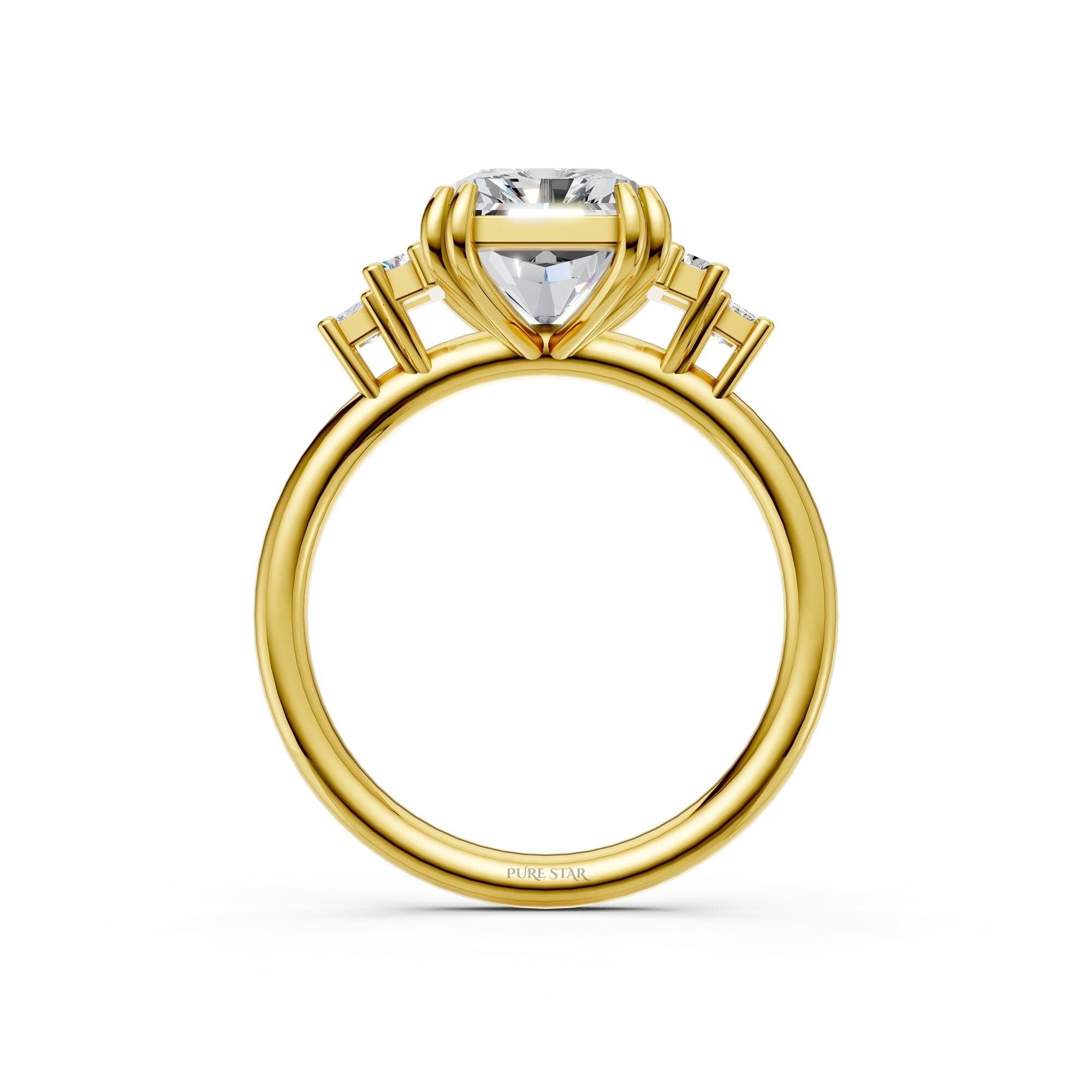 5 CT Five Stone Radiant Cut Lab Grown Diamond Engagement Ring, Baguette & Princess Cut Side Stones, Anniversary Ring, 14K Wedding Gift