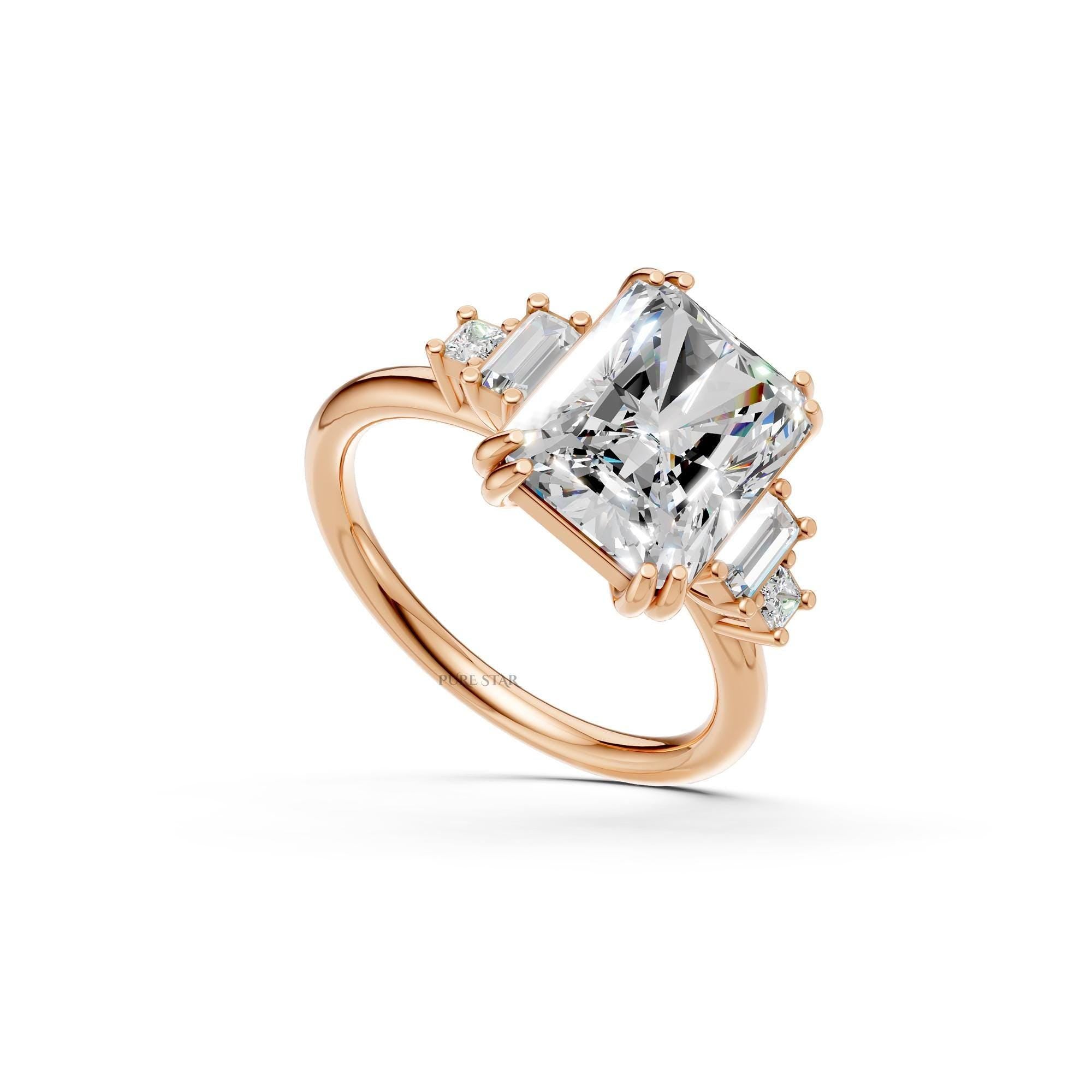 5 CT Five Stone Radiant Cut Lab Grown Diamond Engagement Ring, Baguette & Princess Cut Side Stones, Anniversary Ring, 14K Wedding Gift