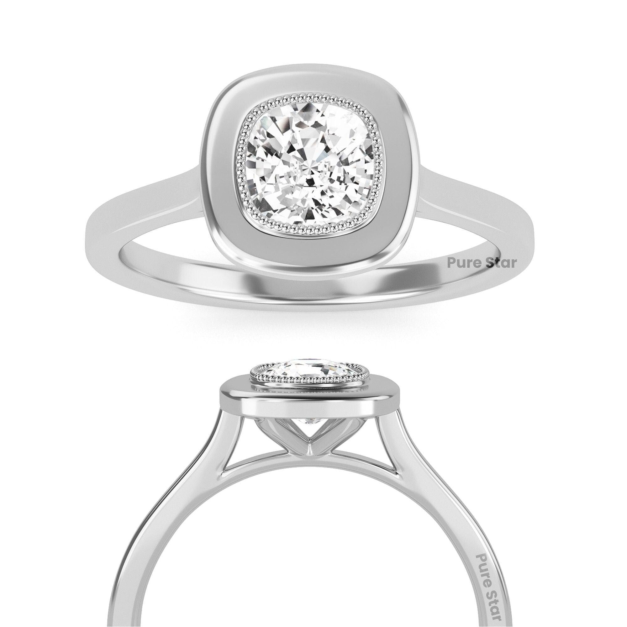 Cushion cut Bezel diamond Engagement Ring Unique Vintage 2 Carat Lab Grown Diamond Engagement Ring 14K Solid Gold IGI Certified Diamond Ring