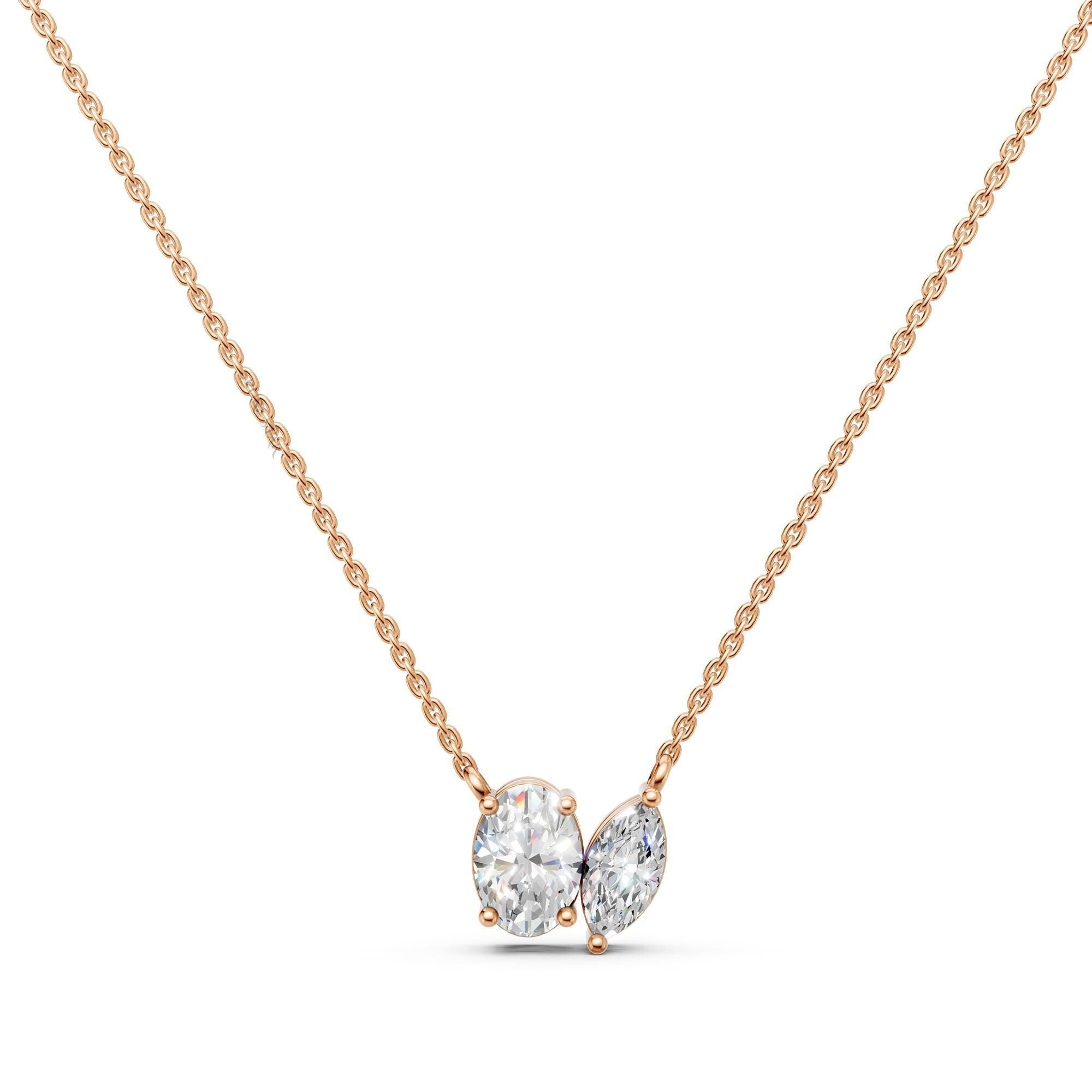 Toi Et Moi Lab Grown Diamond Necklace | Oval & Marquise Two Stone 14K Gold Pendant | Romantic Anniversary Gift for Her