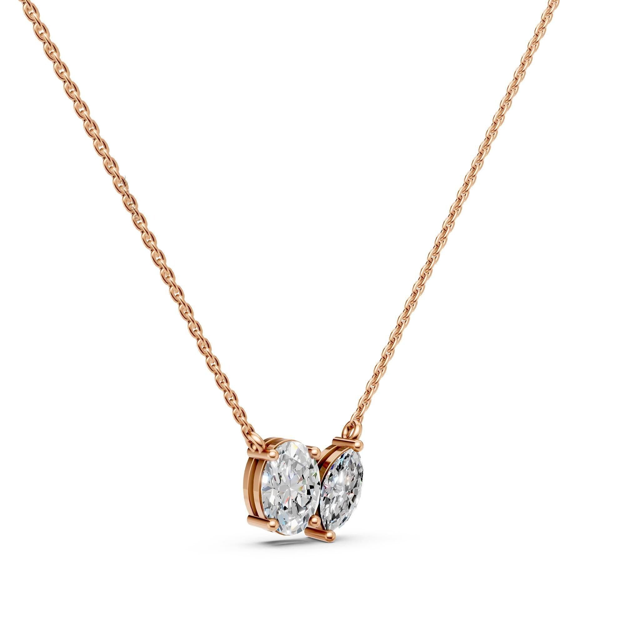 Toi Et Moi Lab Grown Diamond Necklace | Oval & Marquise Two Stone 14K Gold Pendant | Romantic Anniversary Gift for Her