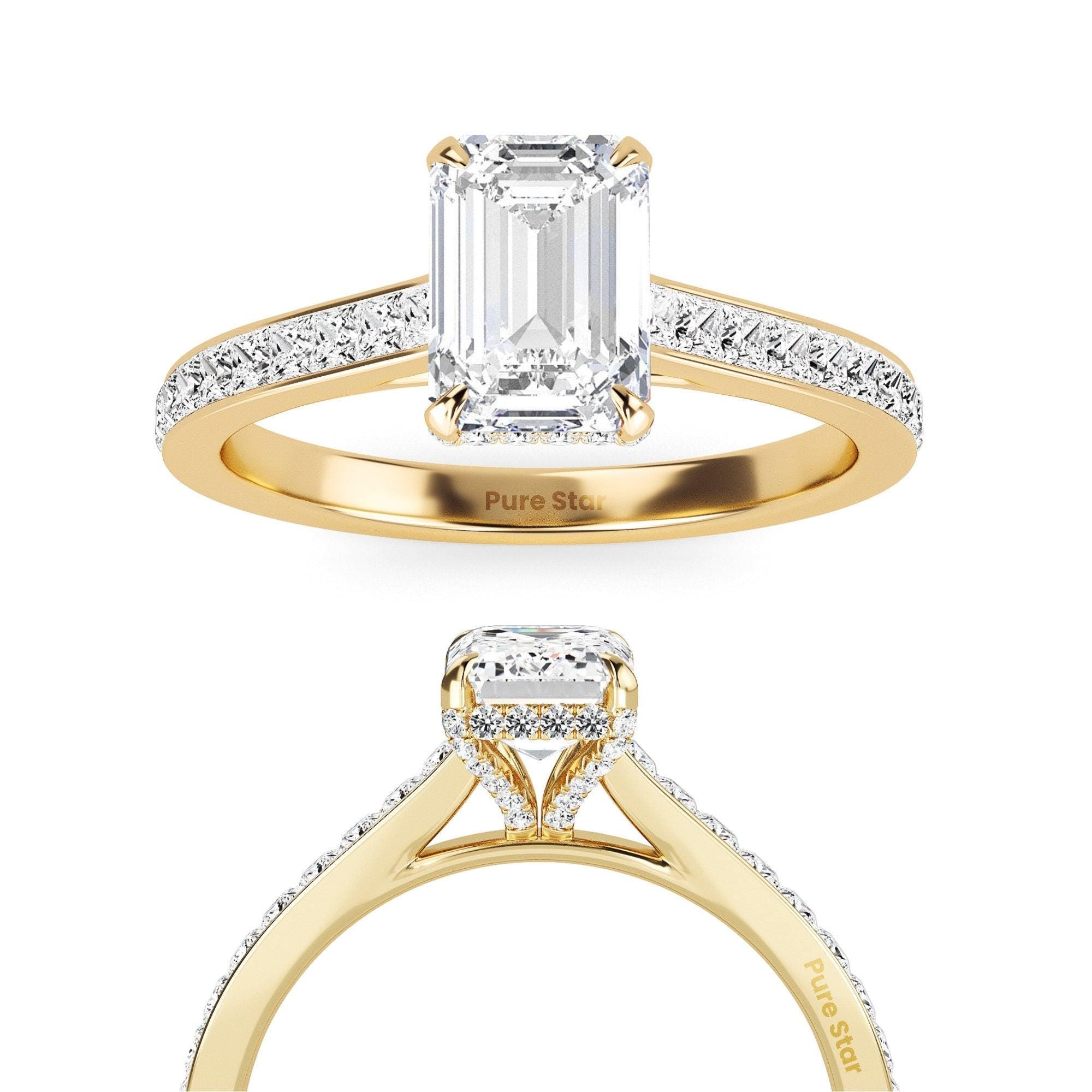 0.50 TO 2.00 Ct Emerald Cut Lab Grown Diamond Engagement Ring Vintage White Gold Hidden Halo Diamond Wedding Ring IGI Certified Diamond Ring
