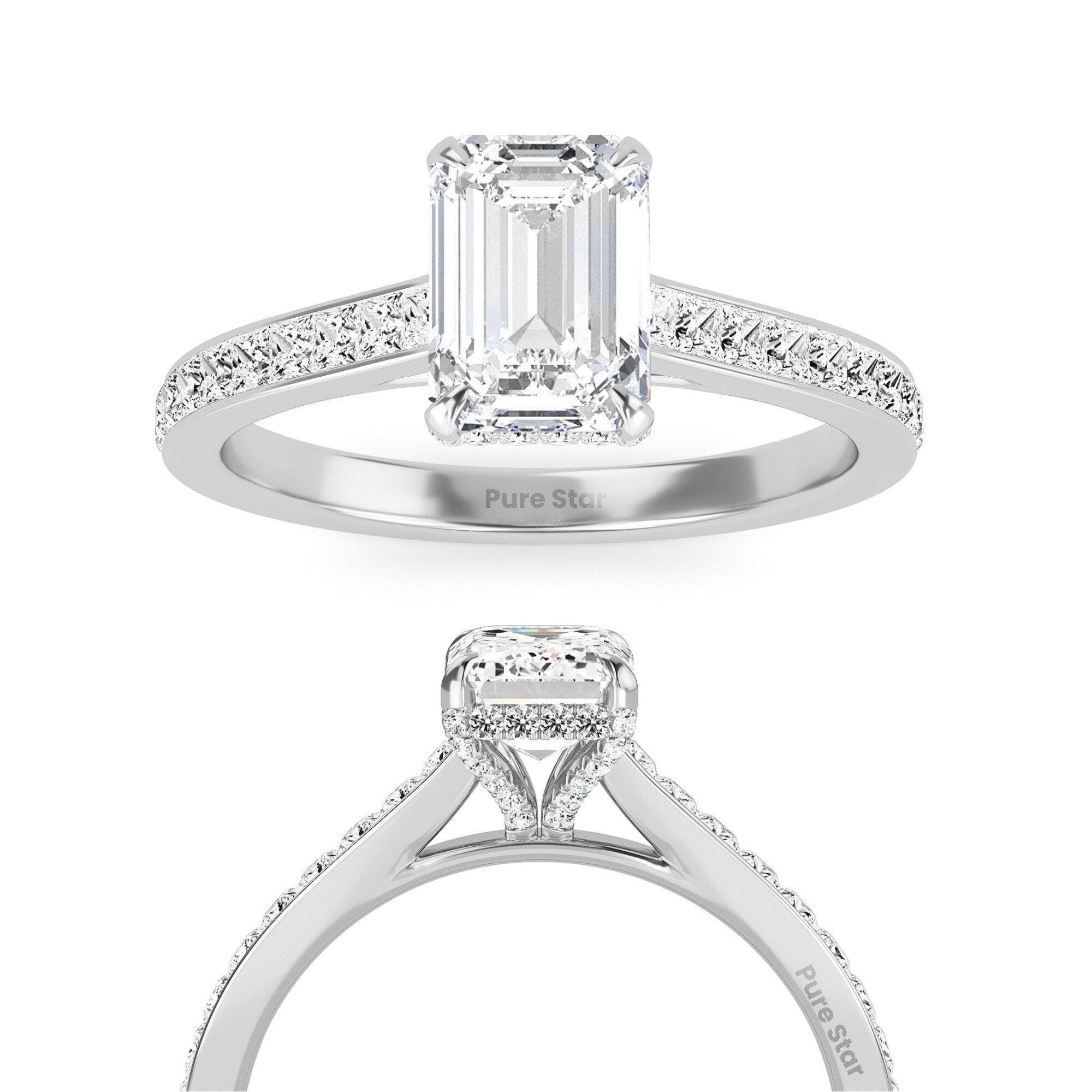 0.50 TO 2.00 Ct Emerald Cut Lab Grown Diamond Engagement Ring Vintage White Gold Hidden Halo Diamond Wedding Ring IGI Certified Diamond Ring