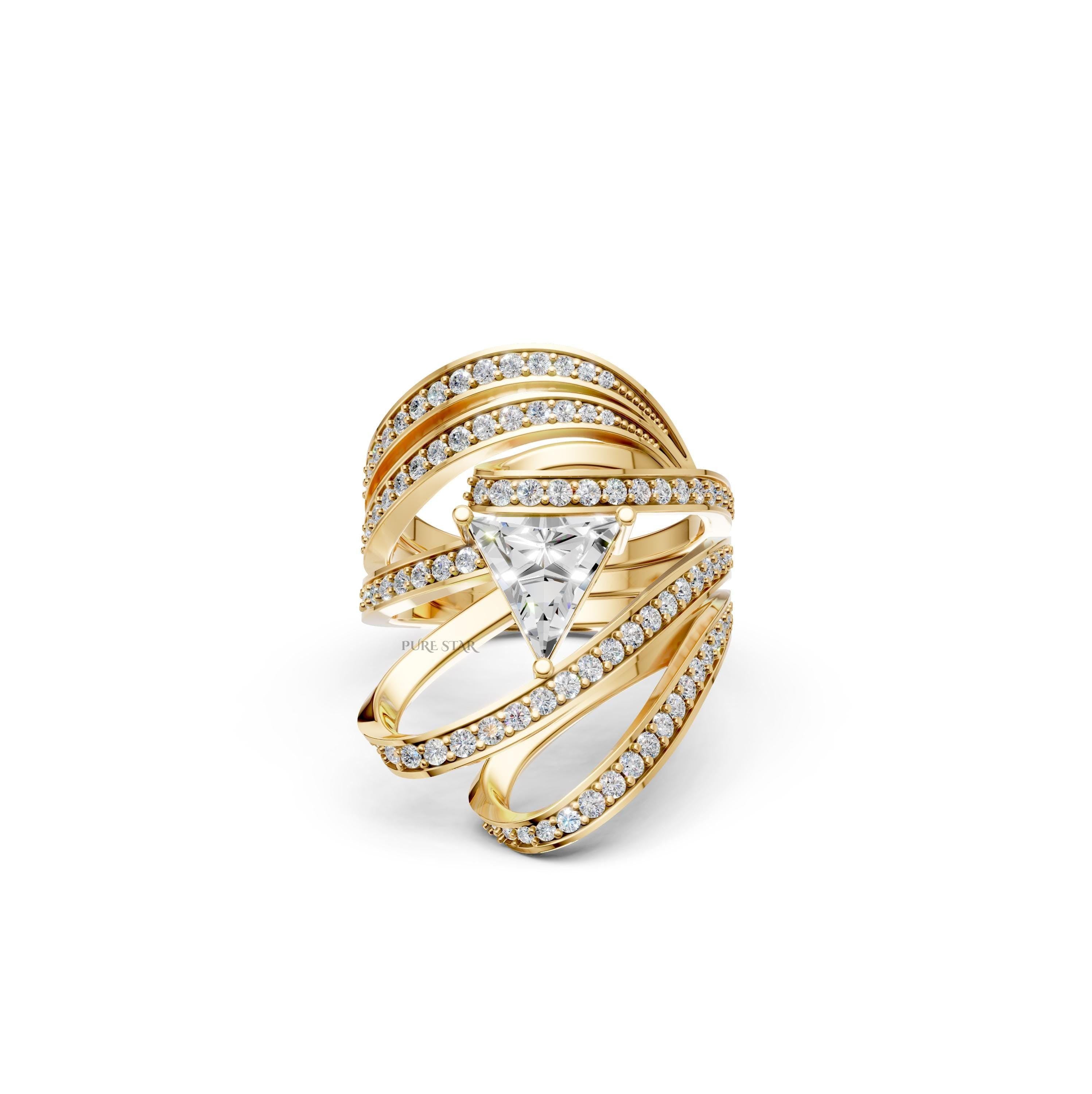 Triangle Cut Lab Grown Diamond Wedding Ring, 14K Yellow Gold Lab Diamond Ring, Prong Set Bridal CVD Diamond Ring, Triangle Ring Gift For Her
