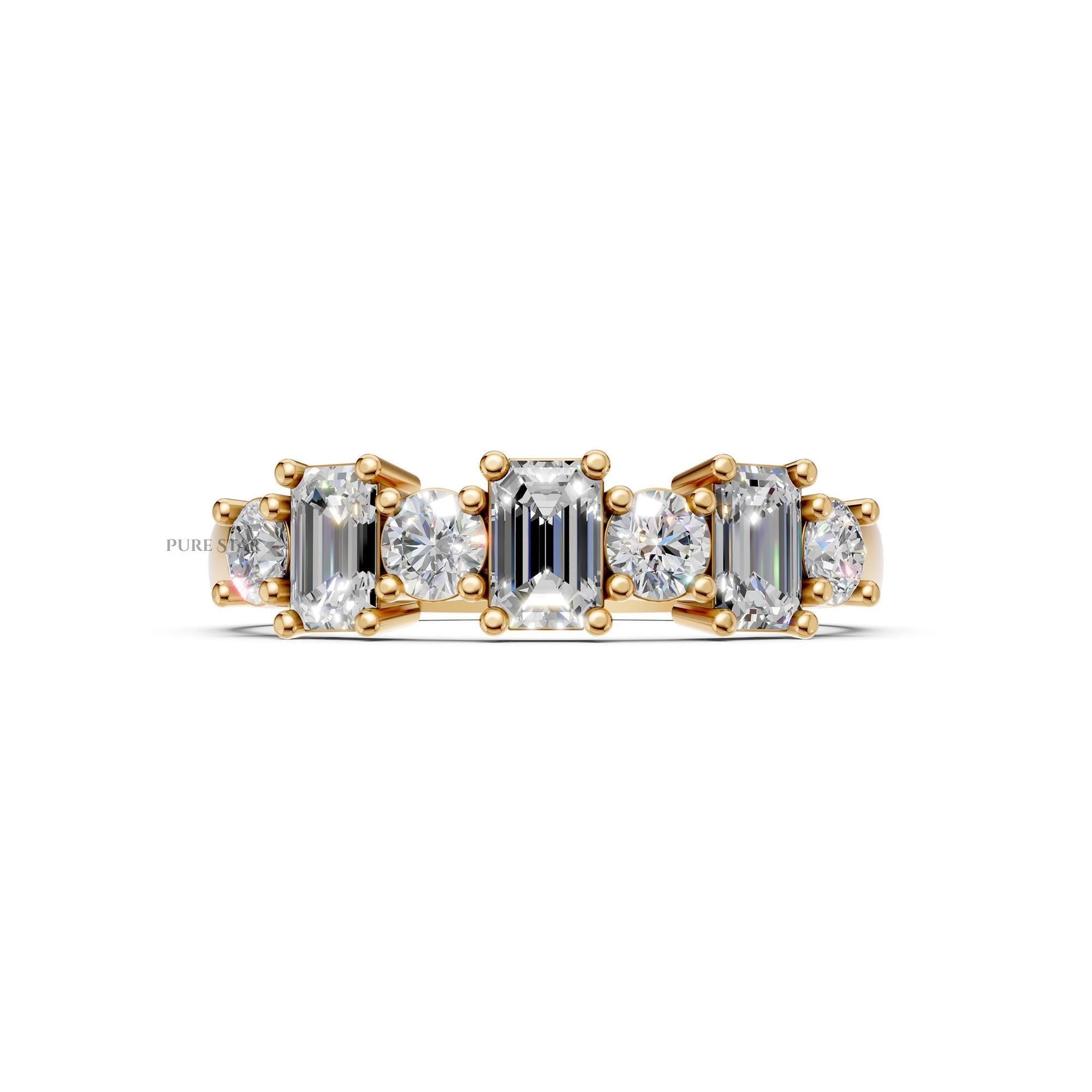 Emerald and Round Diamond Half Eternity Band Minimalist Lab Diamond Wedding Ring Stackable Gold Band Genuine Diamond Ring for Her