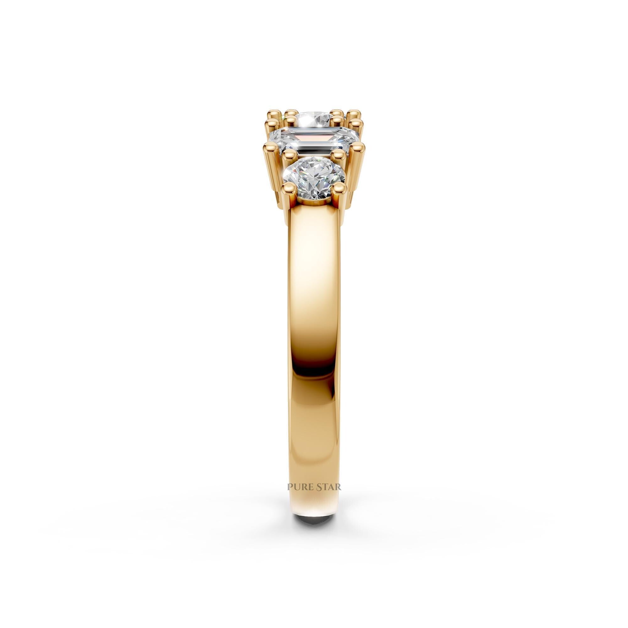 Emerald and Round Diamond Half Eternity Band Minimalist Lab Diamond Wedding Ring Stackable Gold Band Genuine Diamond Ring for Her
